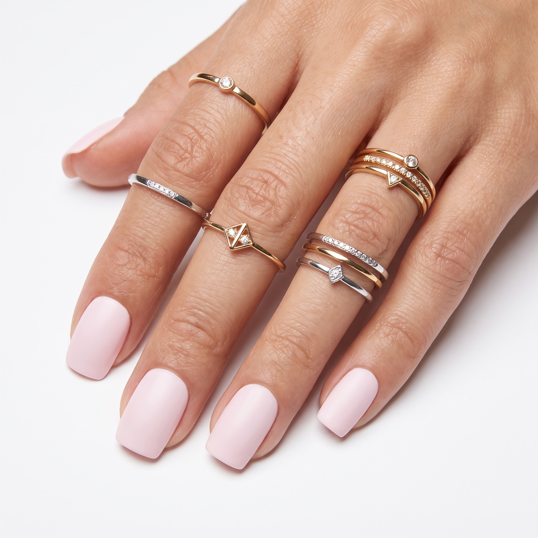 Soft blush pink nails on deep skin tone with glossy shine