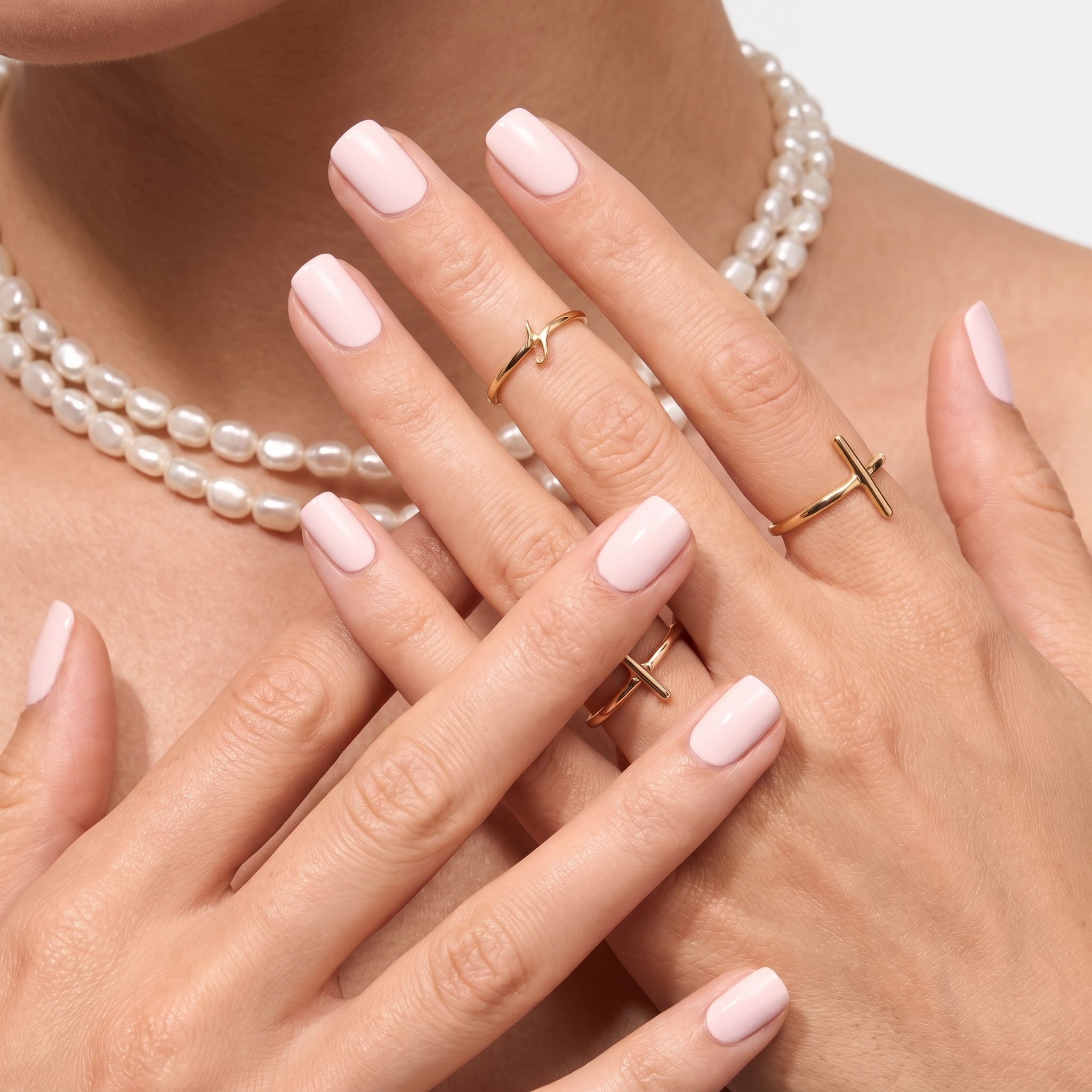 Square nails with a smooth blush pink polish finish