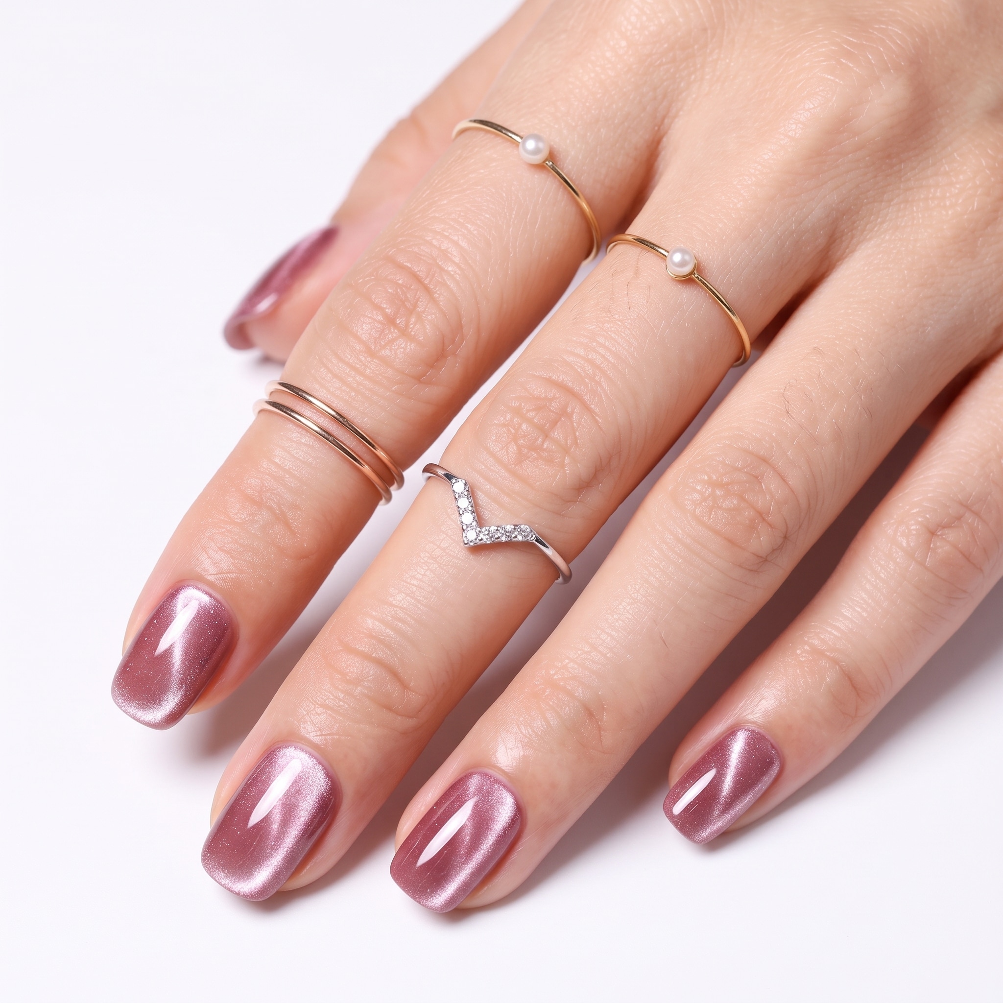 Deep pink nails with glossy magnetic cat-eye accents