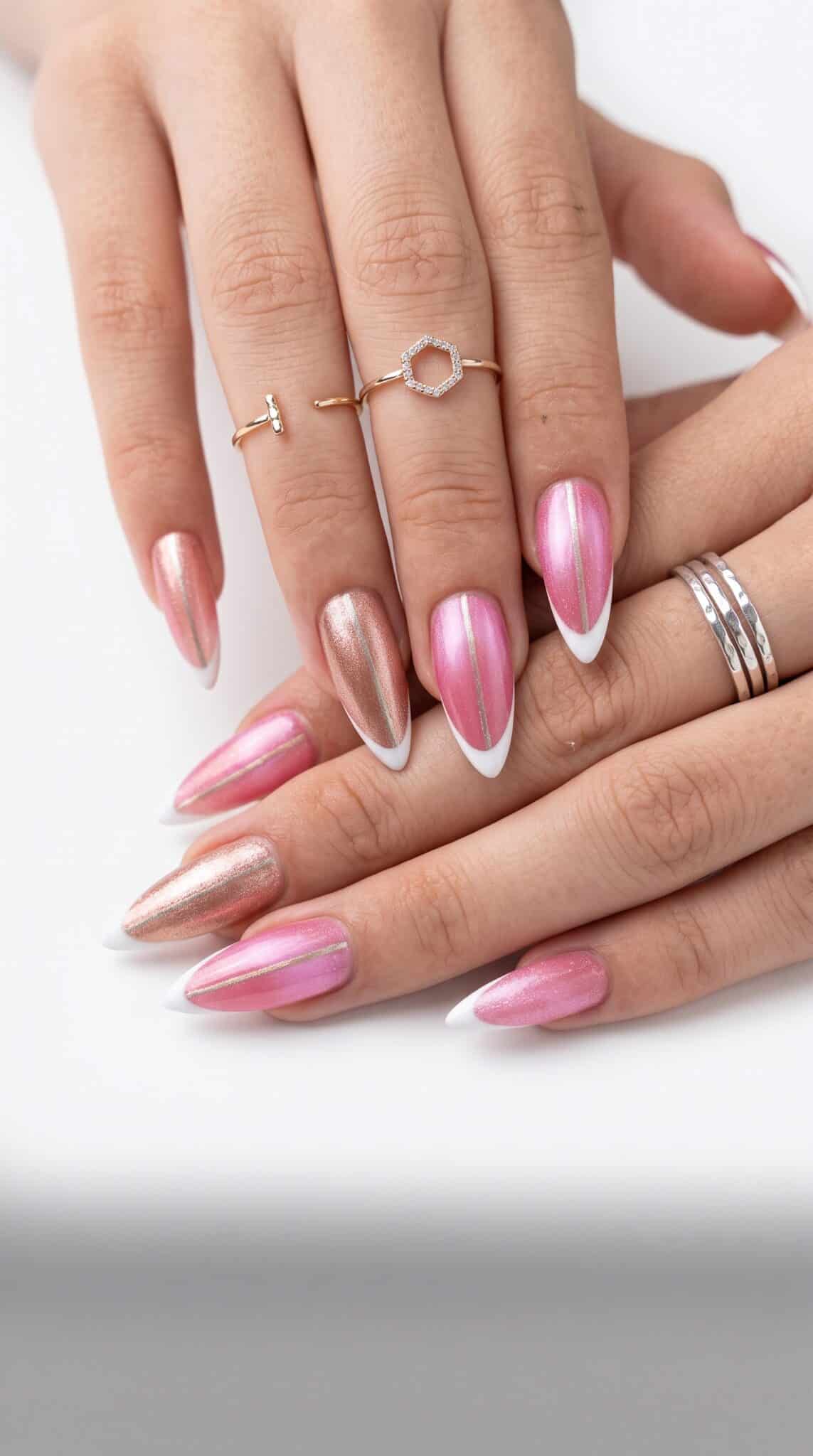 Hot pink glossy nails with bright magnetic shimmer