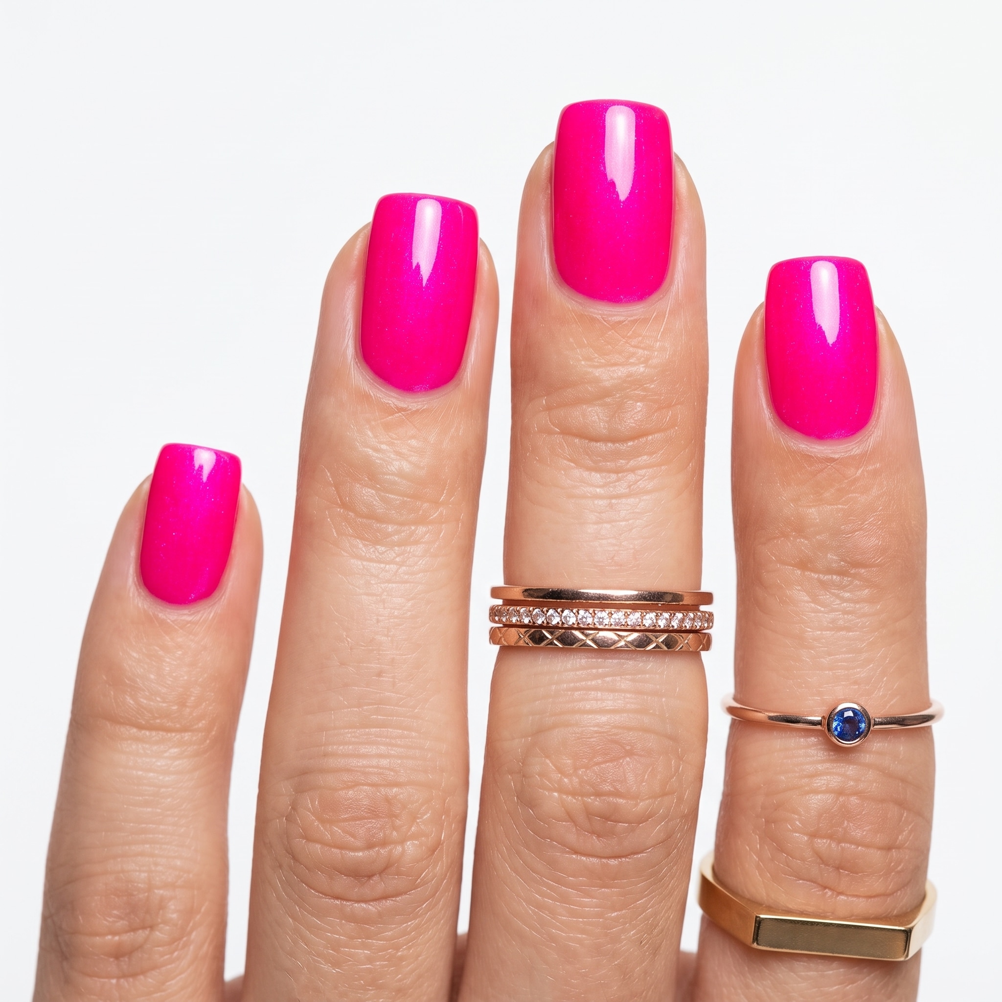 Hot pink gel almond nails styled with delicate gold jewelry