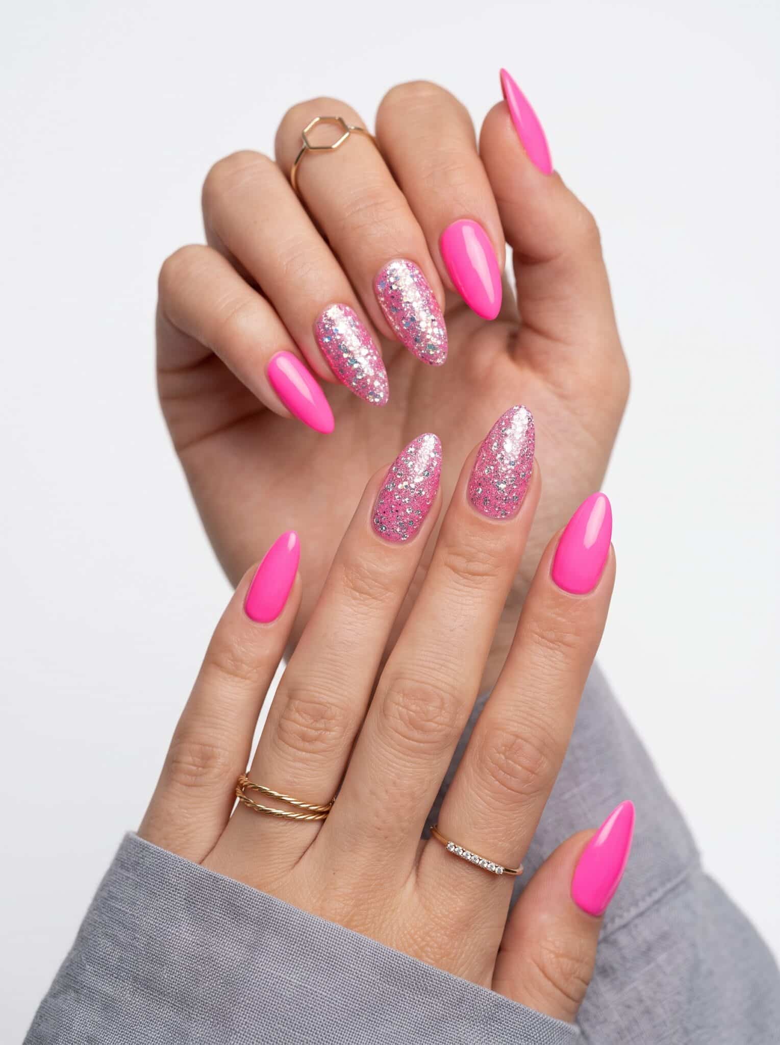 Glossy hot pink short rounded nails