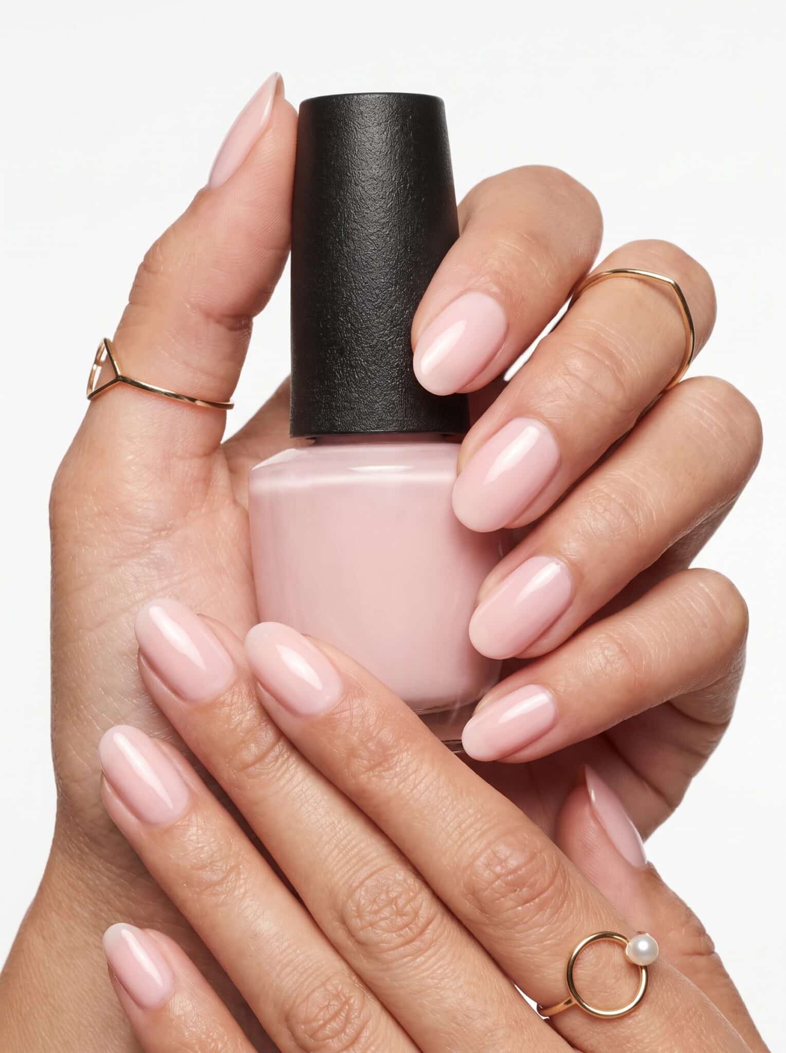 Rosy nude blush manicure with a glossy jelly finish