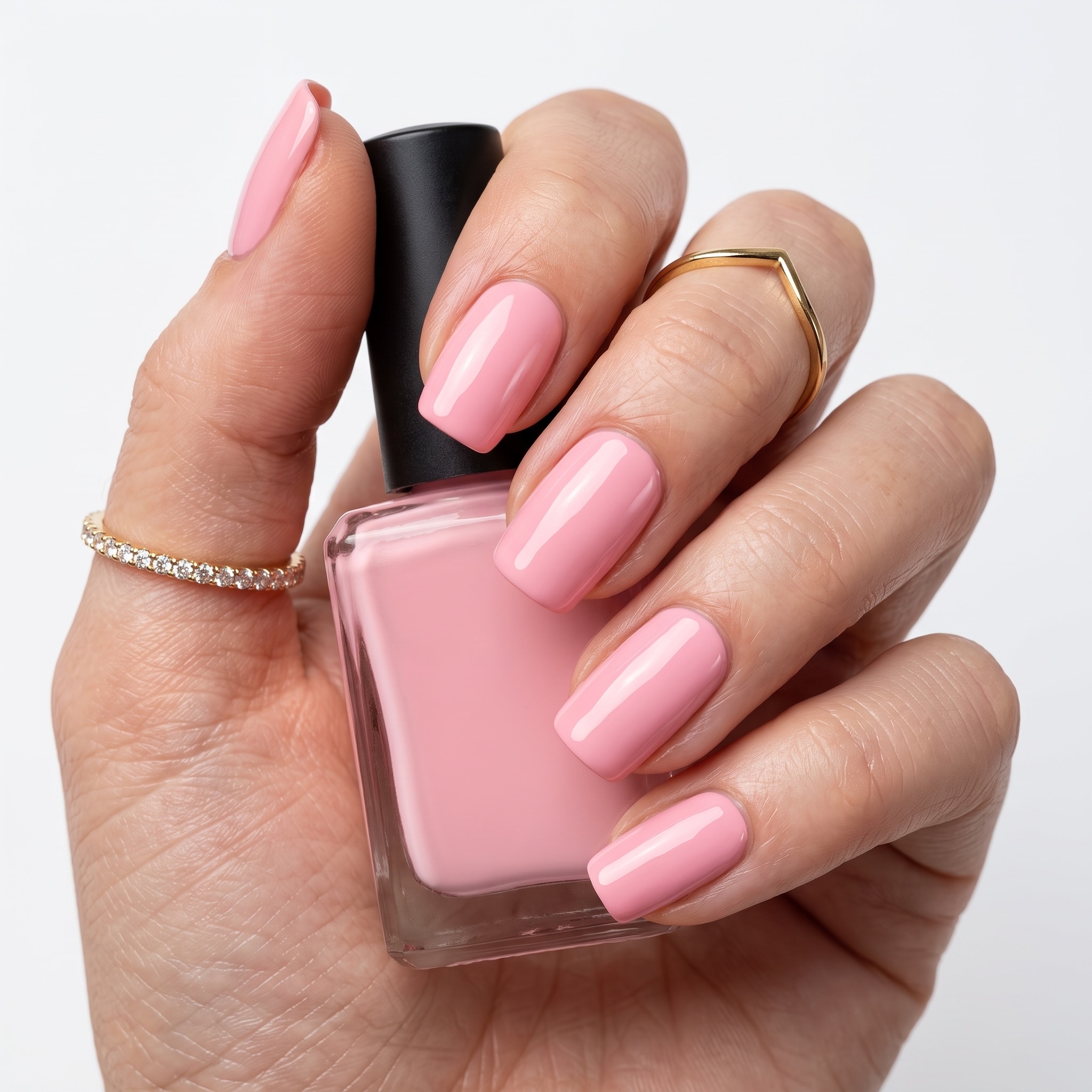 Light pink nail polish on glossy short nails holding a matching pink bottle