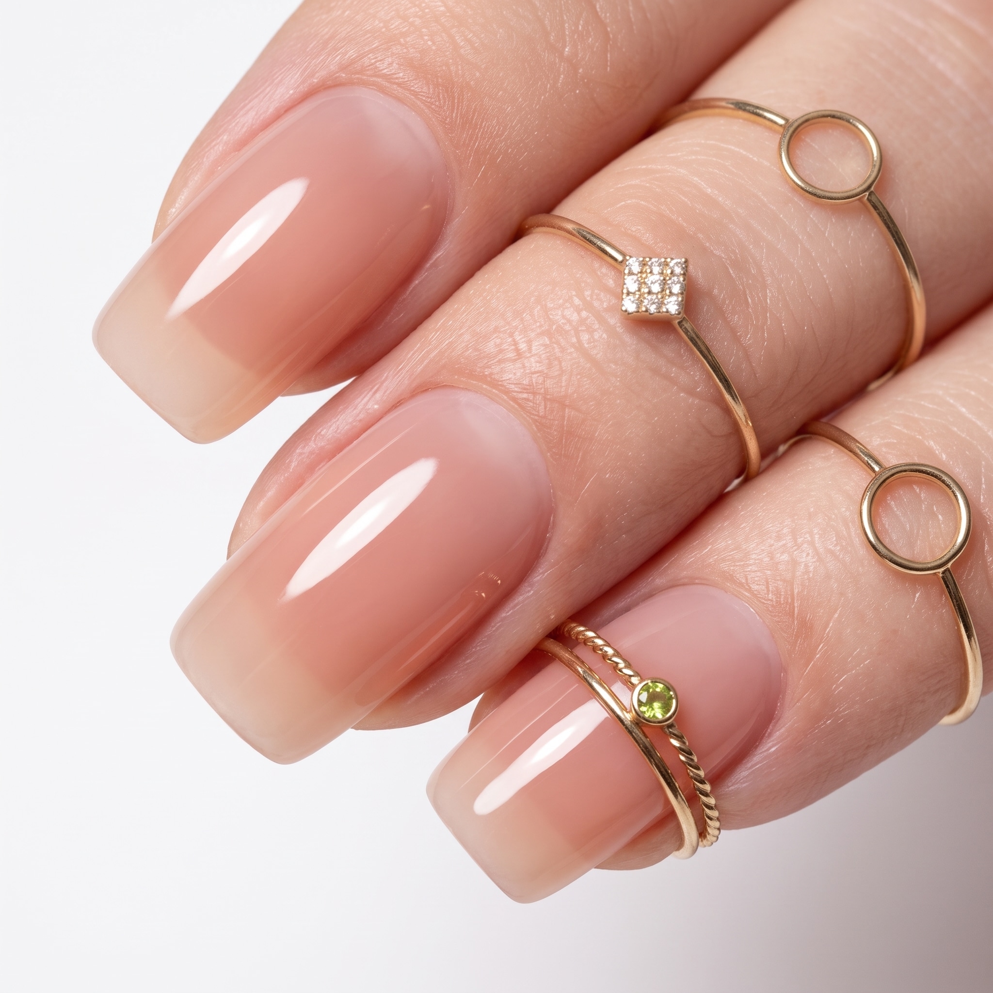Glossy pink manicure holding a matching natural pink polish bottle