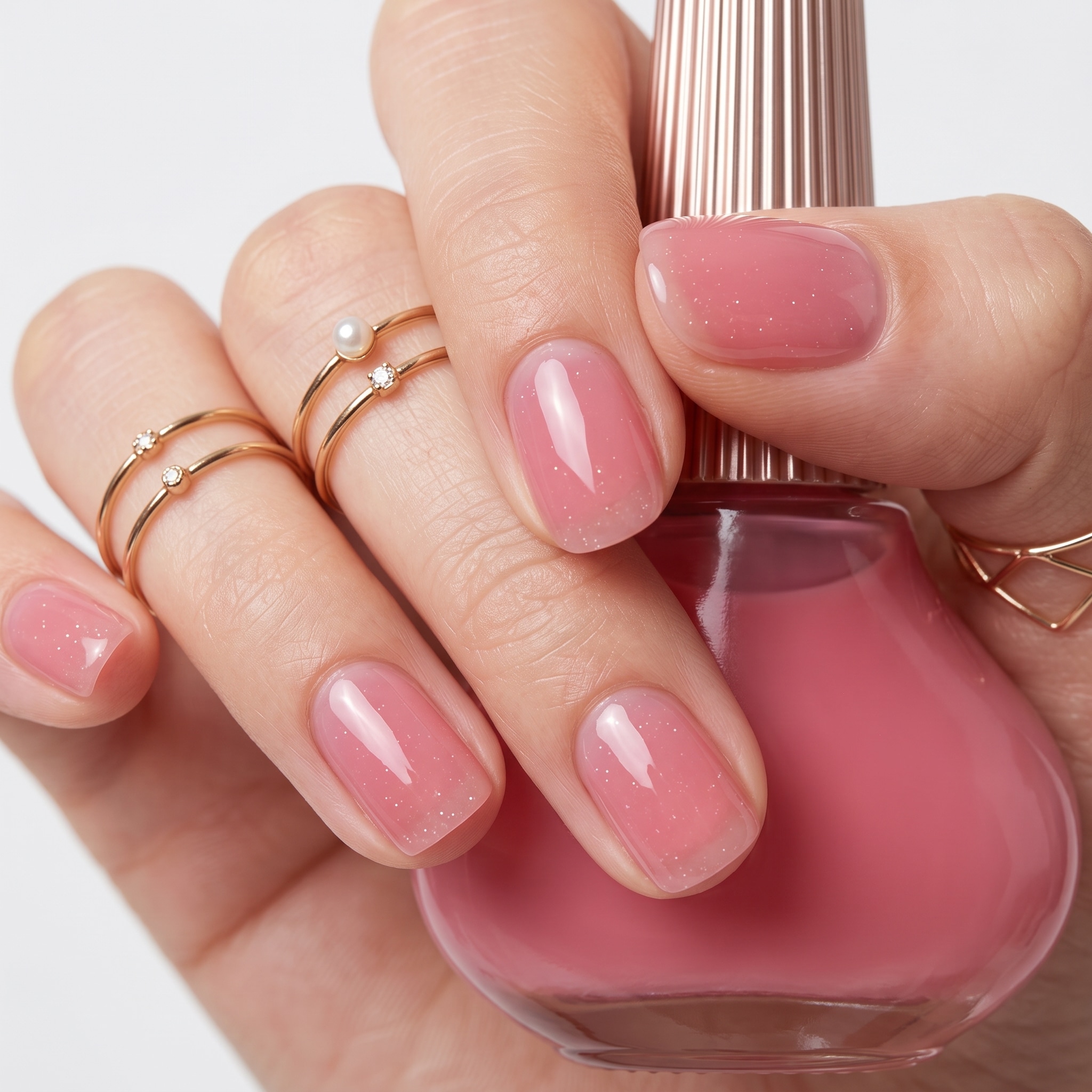 Natural pink French manicure base with soft white tips on rounded nails