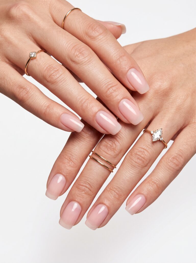 Natural Pink Nail Polish on glossy short almond nails with a clean sheer pink finish