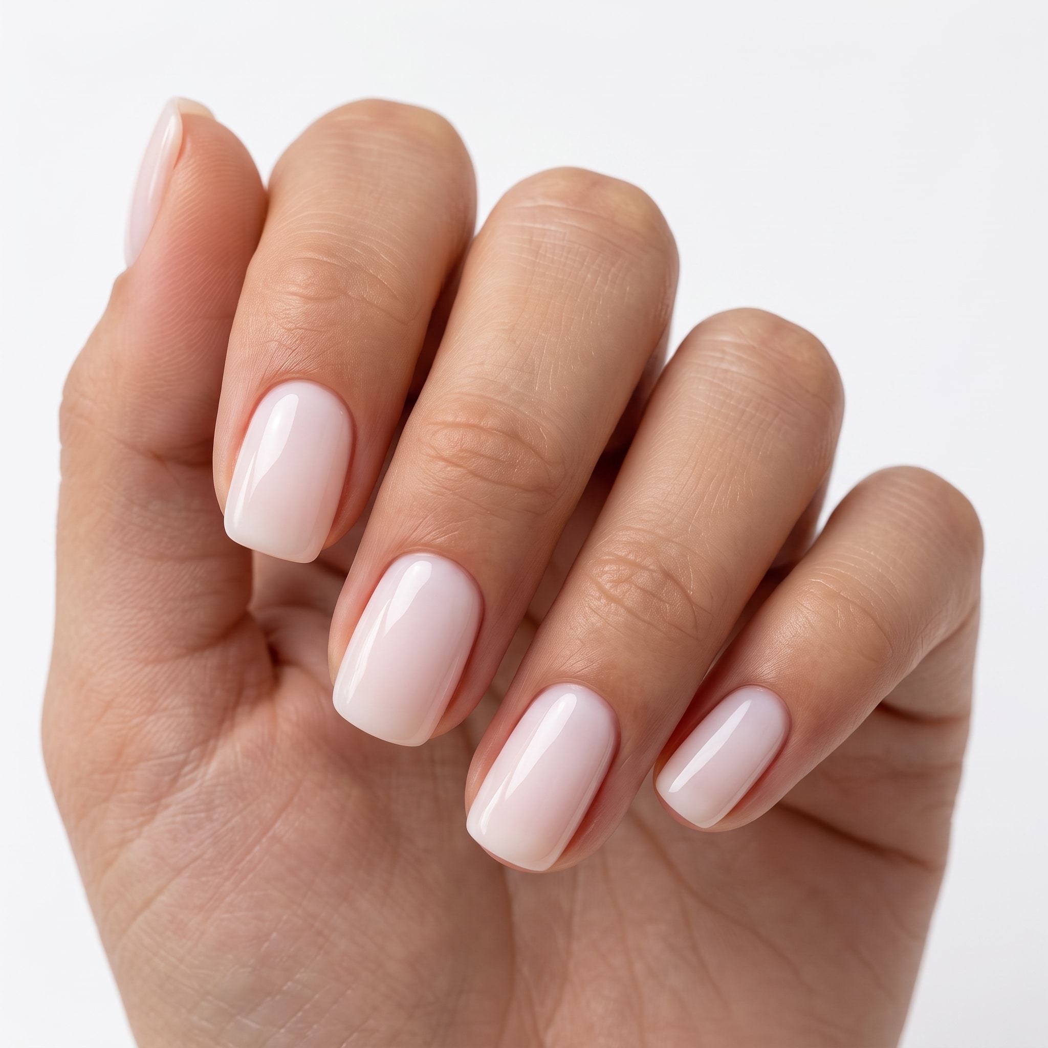Soft pink gel polish on almond nails with a smooth glossy surface