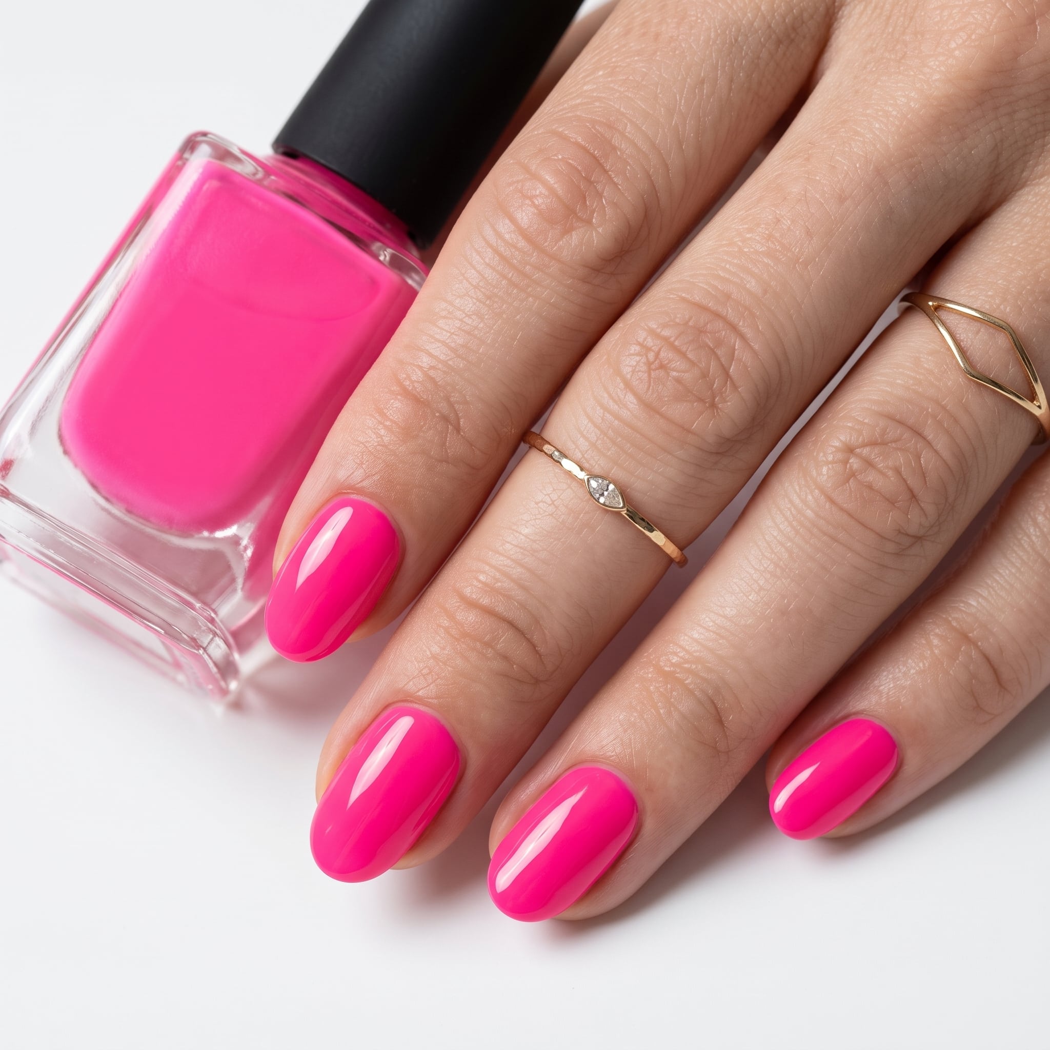 Long almond nails in vivid pink with a glossy finish