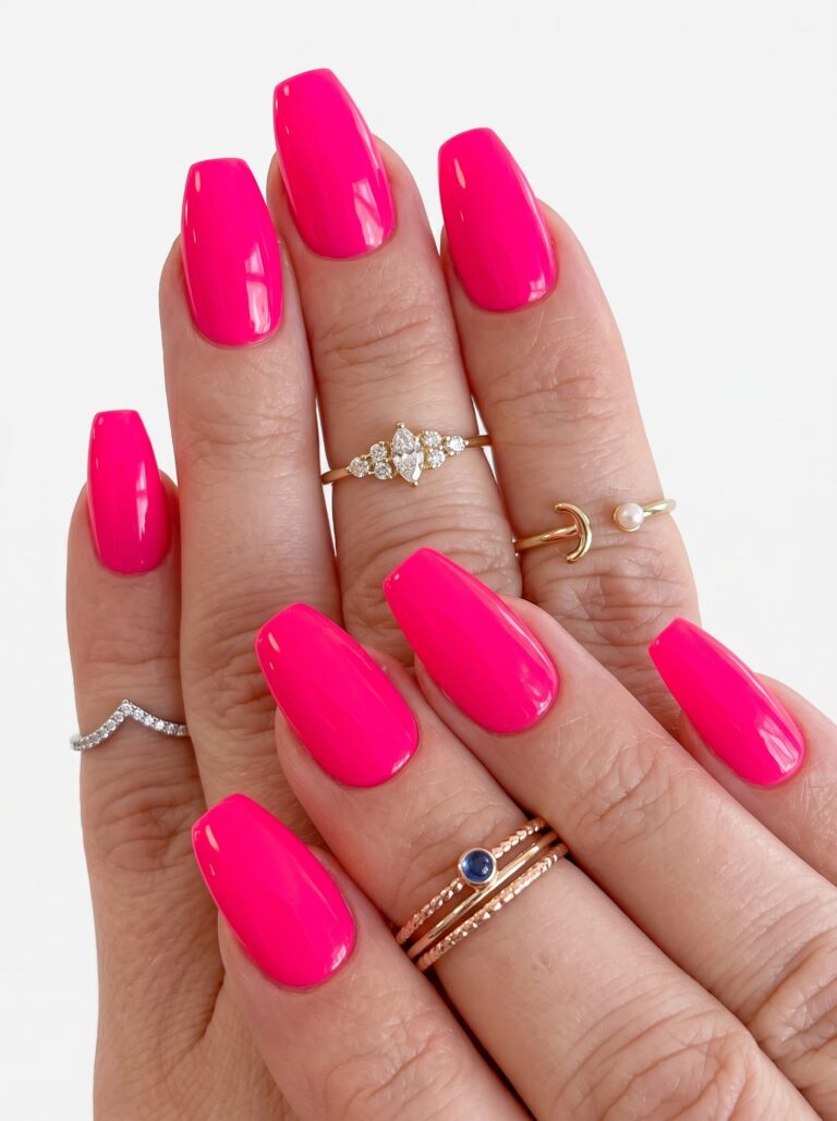 Neon pink nail polish on long square nails held beside a matching pink polish bottle