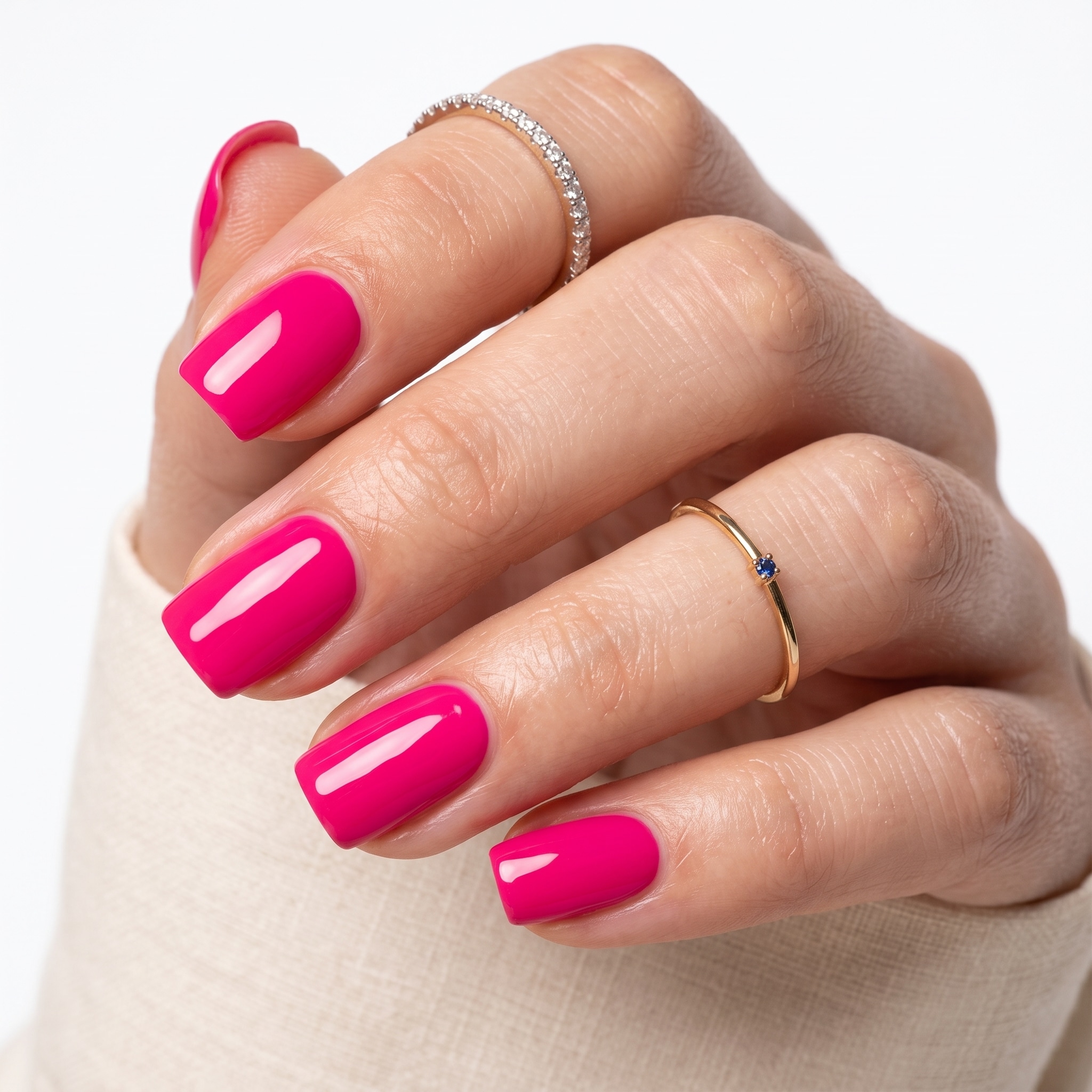 Electric pink manicure beside a matching nail polish bottle