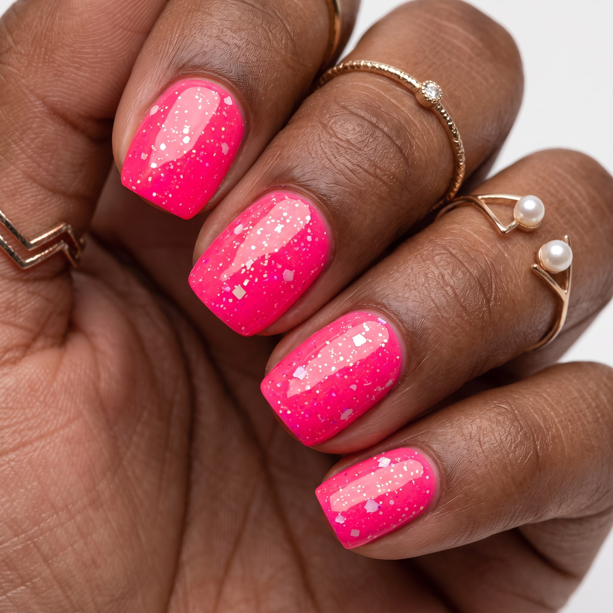 Glossy neon pink pedicure with relaxed summer styling
