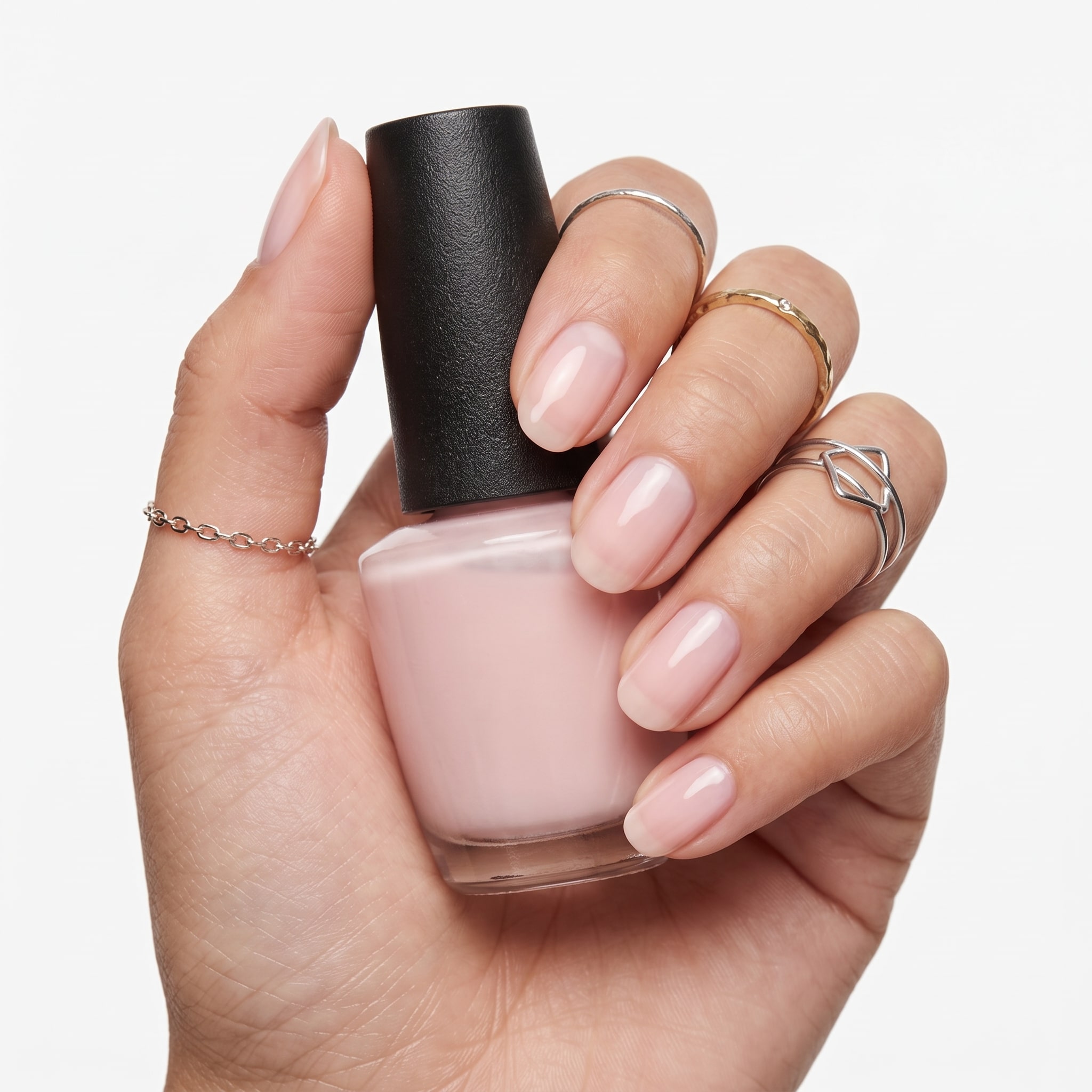 Pale pink nails holding a black cap polish bottle