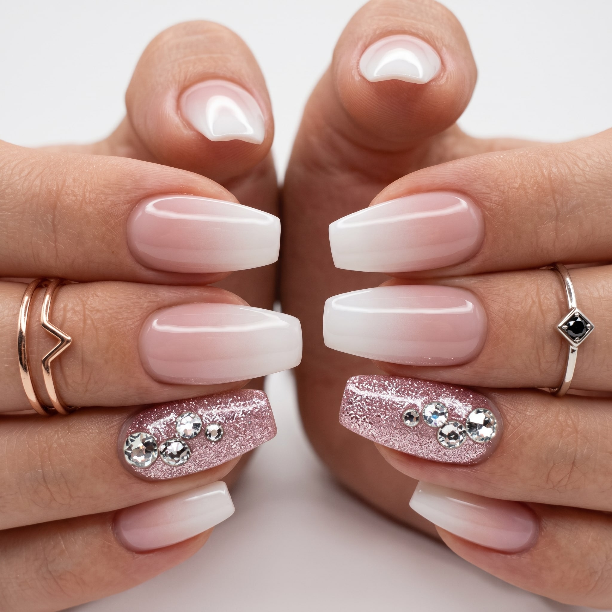 Pink and white almond nails decorated with tiny bows and feminine accent art