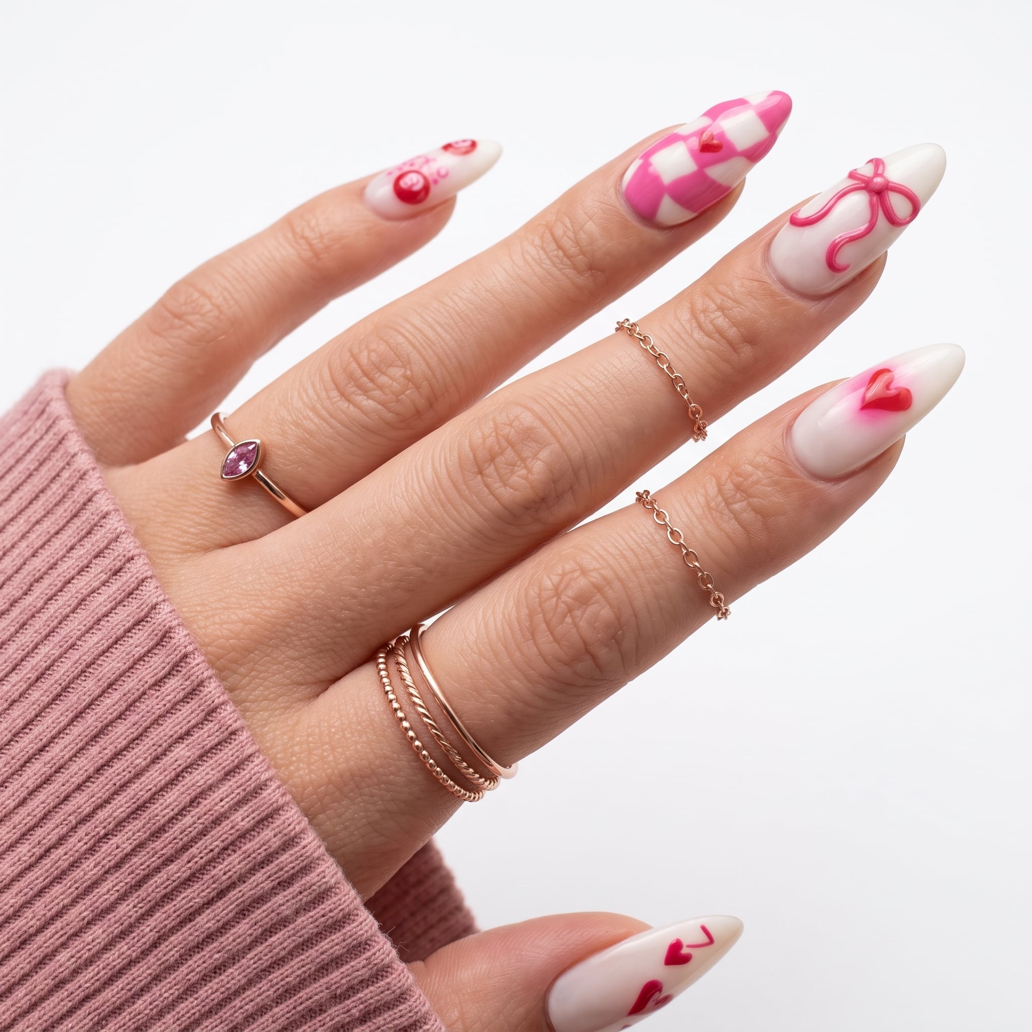 Pink and White Nails on soft micro French tips with a glossy blush base