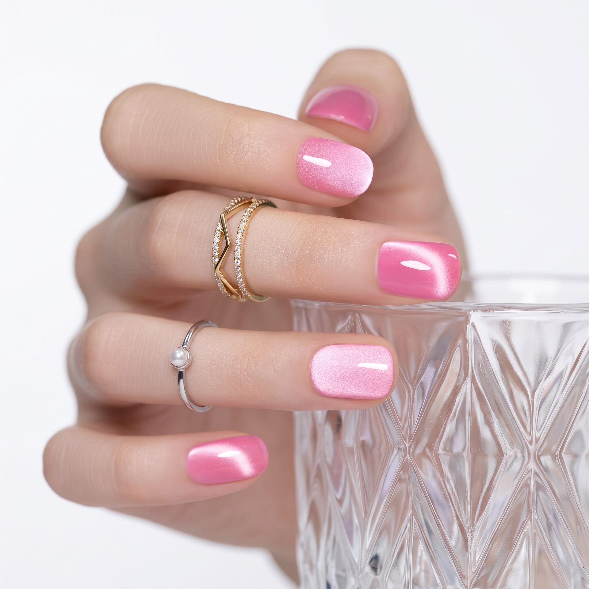 Pink cat eye nail polish on glossy square nails with a soft magnetic shine