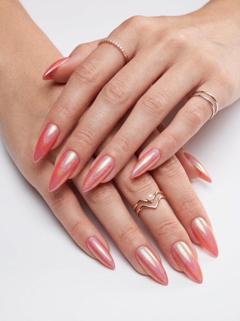 Glossy almond nails in bright rosy pink gel on a clean white background
