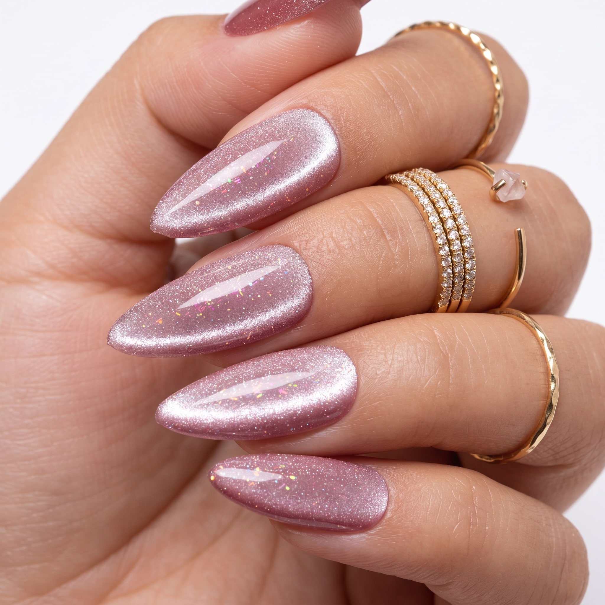 Rose chrome nails with a reflective magnetic glow