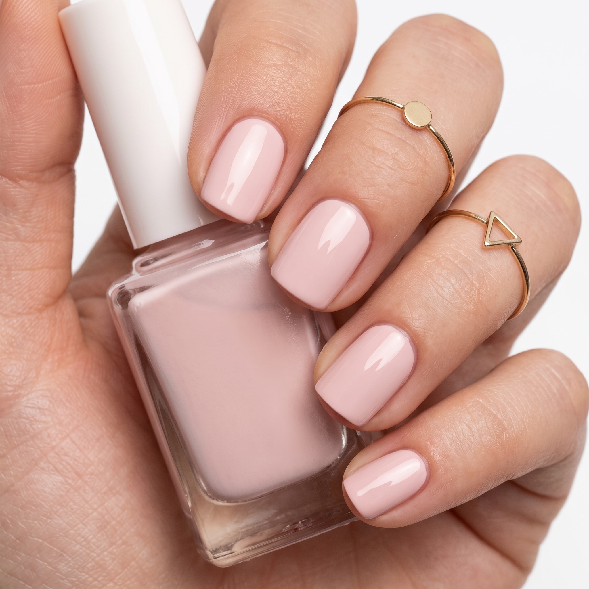 Sheer pale pink nails beside a matching polish bottle