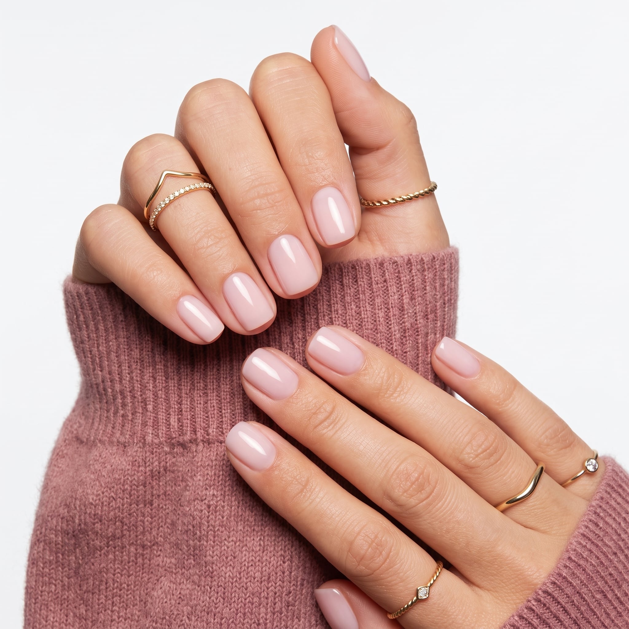 Soft pink nails styled with a cozy sweater and glossy finish
