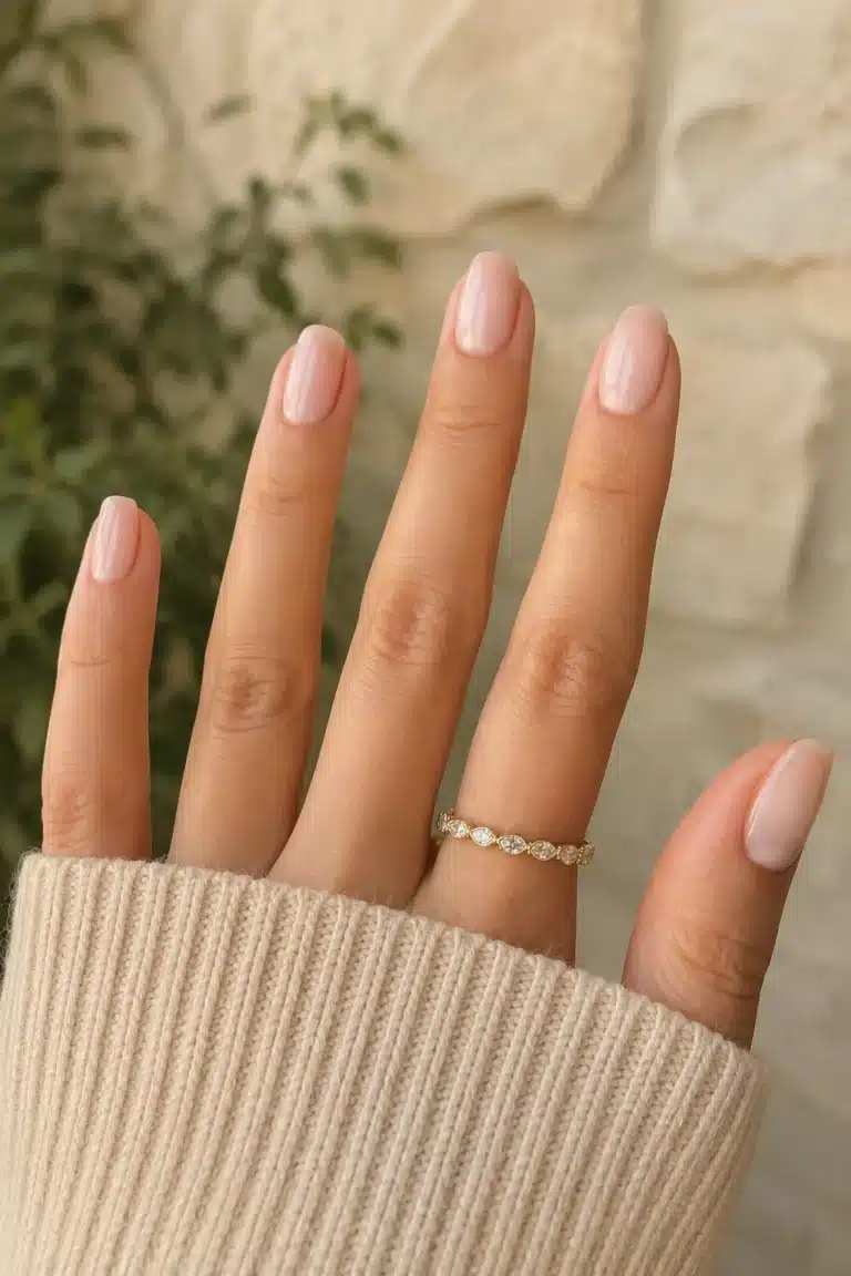 Milky Nude Nail Polish: 10 Soft Shades and Glossy Ideas 21 Milky nude nail polish on short almond nails