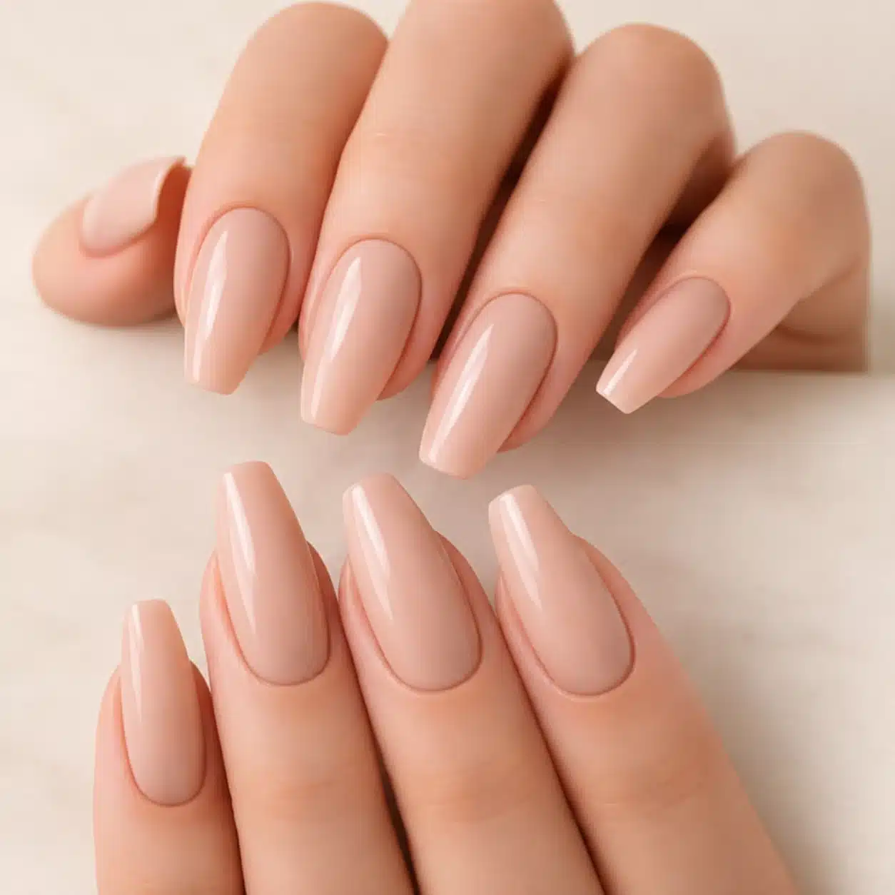 Almond vs Coffin Nails: Which Shape Is Right for You? 2 Nude almond and coffin nails compared