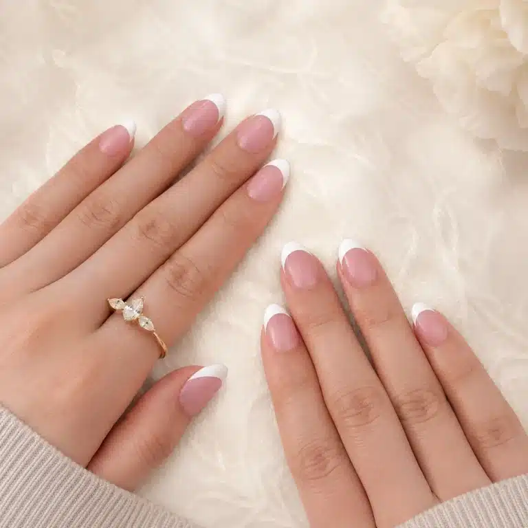 Soft nude almond nail tips on short natural-looking nails