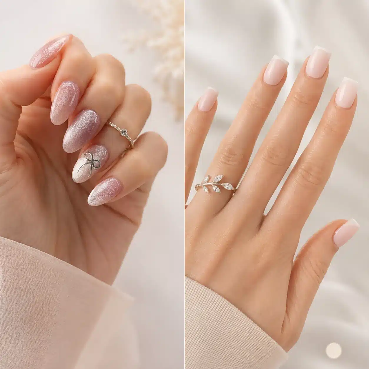 Neutral almond and square nails on real hands