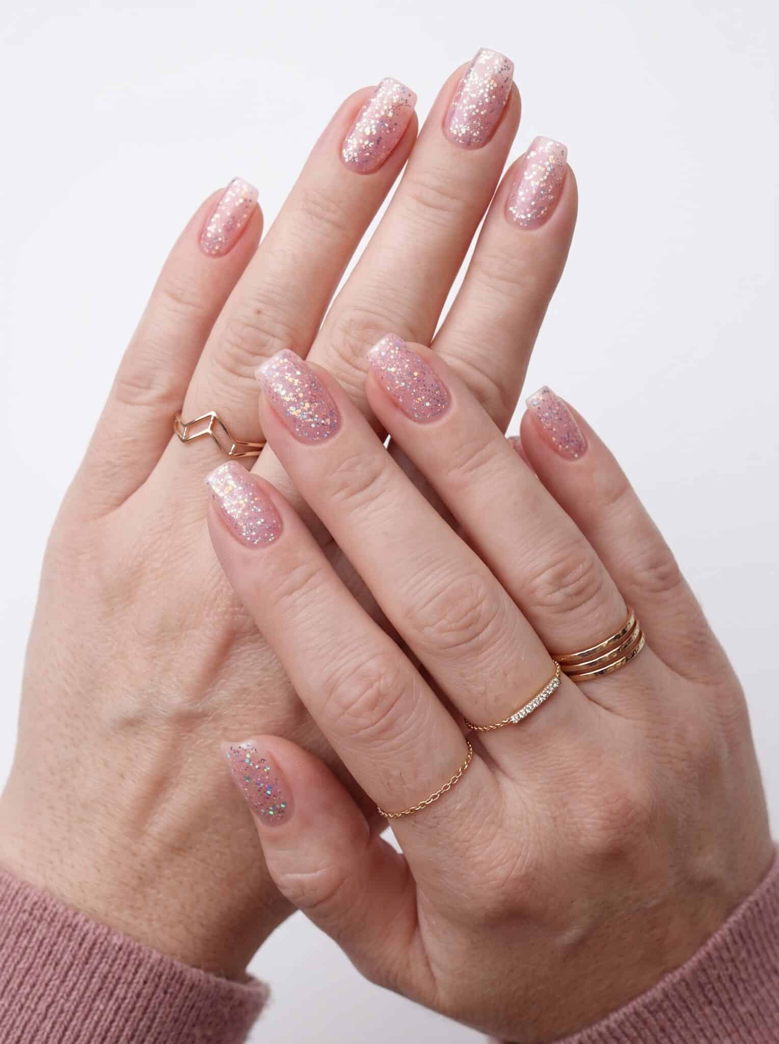 Bright pink glitter manicure with a bold sparkling finish