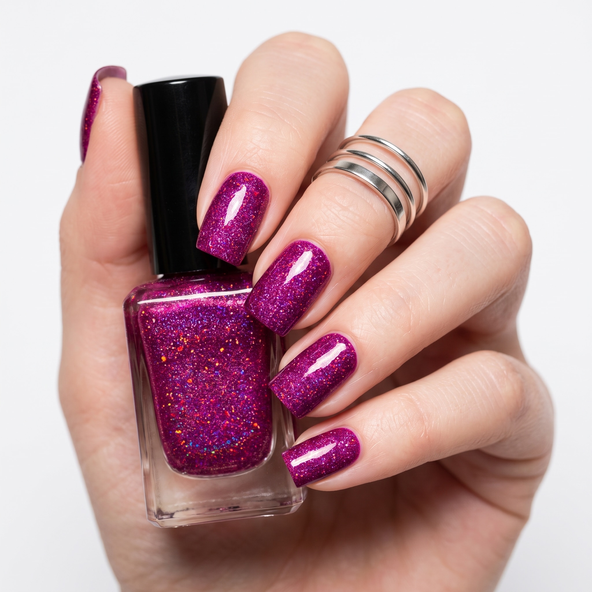 Champagne pink glitter nails with a warm sparkling finish