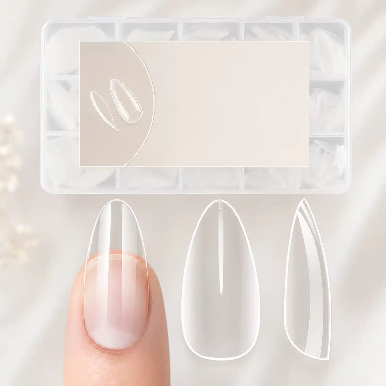 Almond Nail Tips: How to Choose, Size & Apply Them 3 Clear full-cover almond nail tips and sizing kit
