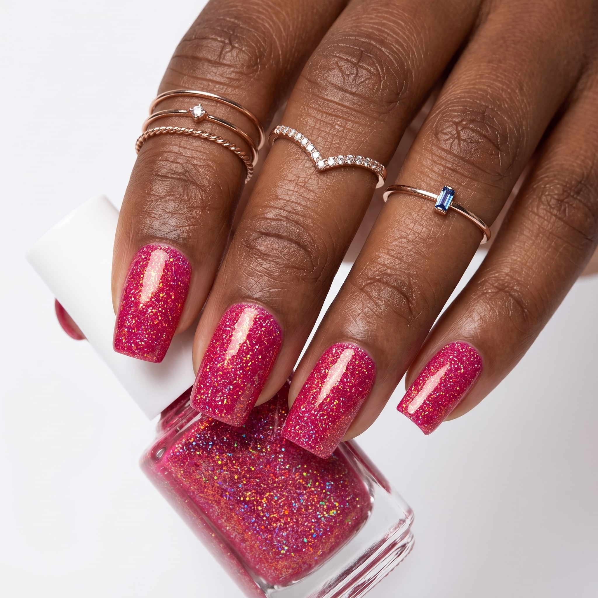 Deep magenta glitter nails shown with a matching polish bottle