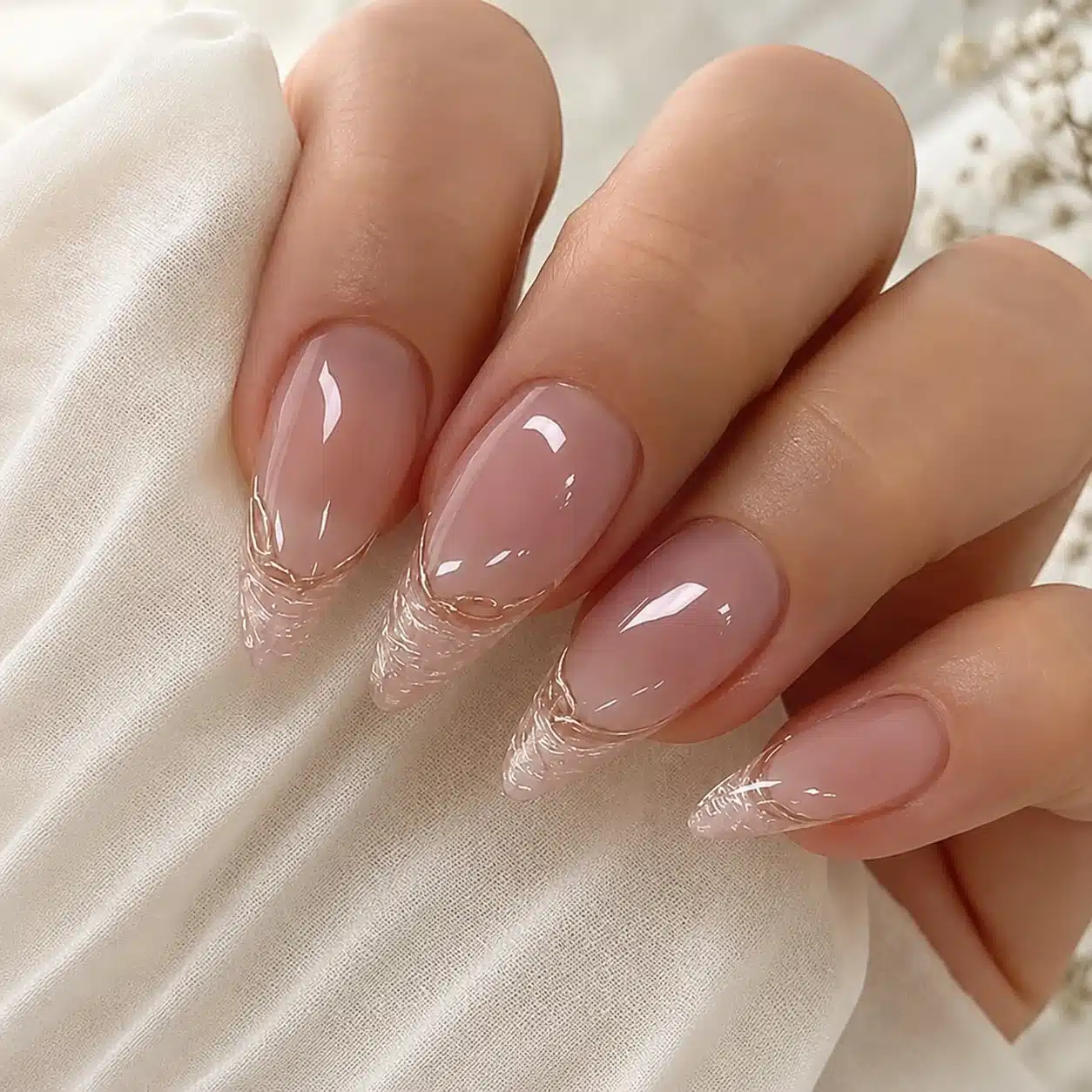 Almond Nail Tips: How to Choose, Size & Apply Them 4 Glossy nude almond nail tips with a natural curve