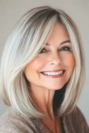Short Hairstyles for Women Over 70 With Fine Hair - Face-framing long bob on smiling woman in her 50s with blondish gray hair.