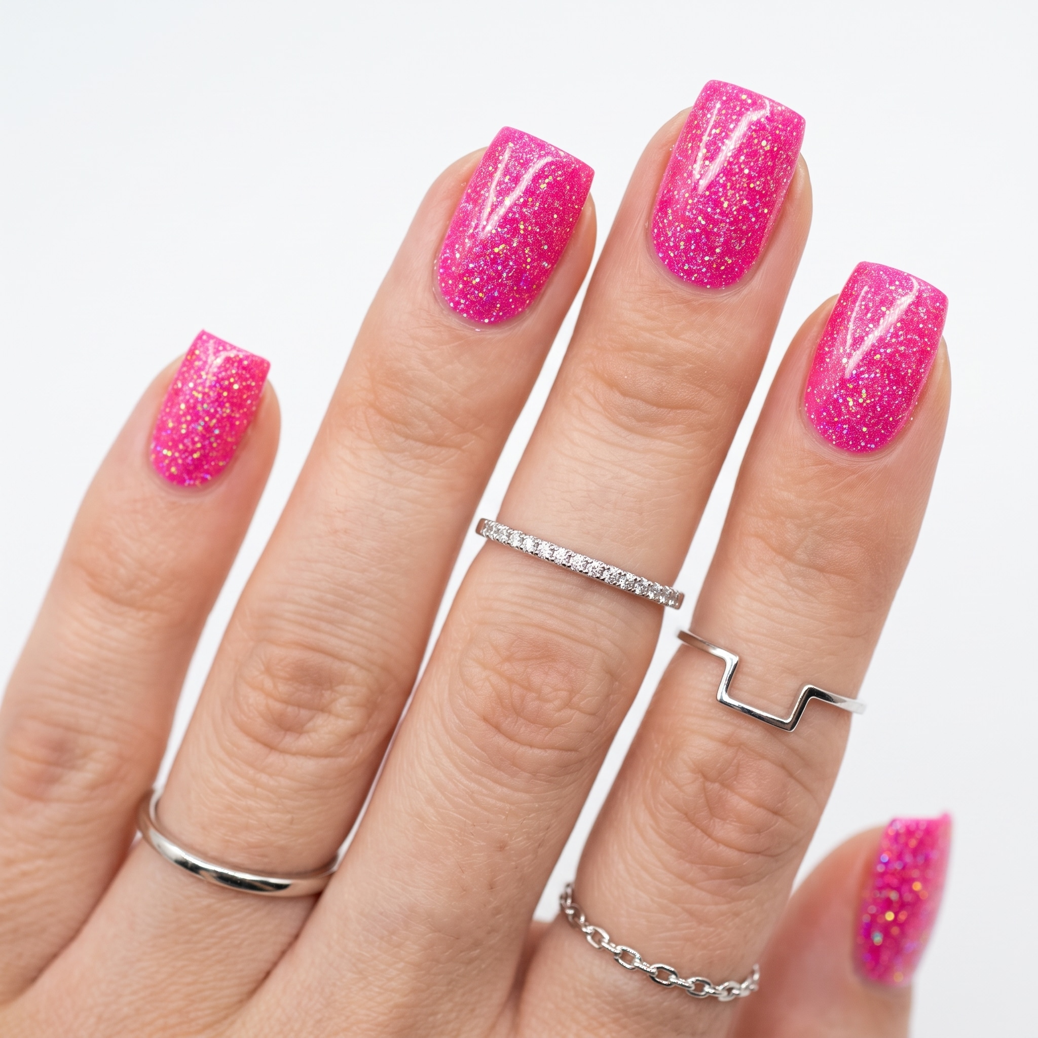 Hot pink glitter polish nails shown with a matching nail polish bottle