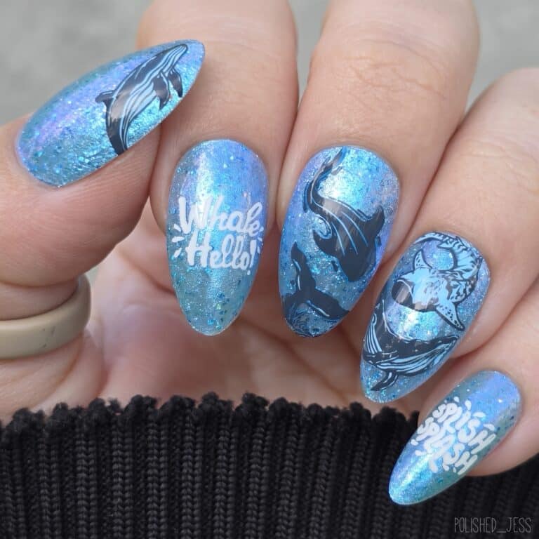 blue shark french tip accent nails with dotted ocean pattern