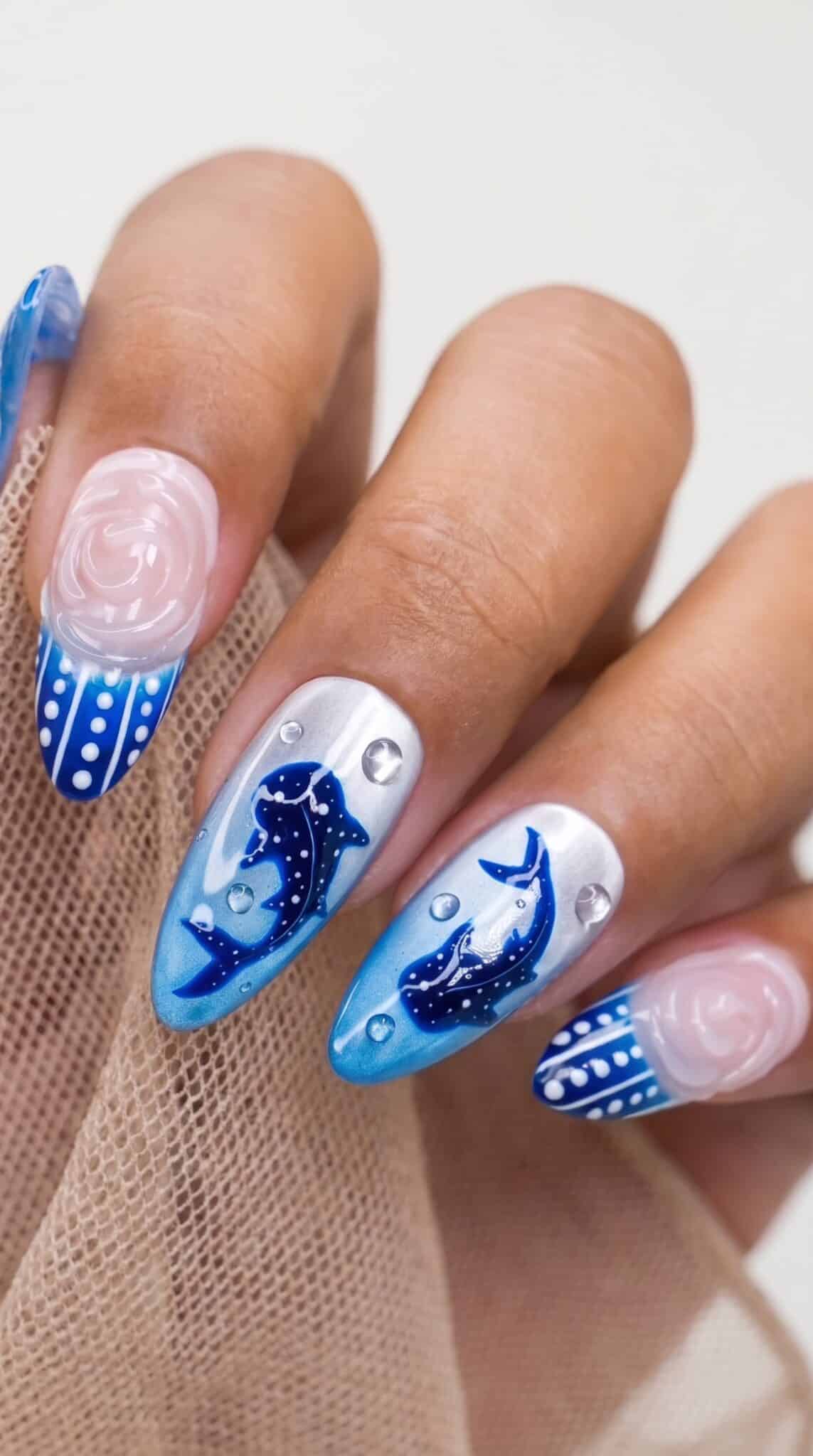 blue spotted shark press on nails with nude accent tips