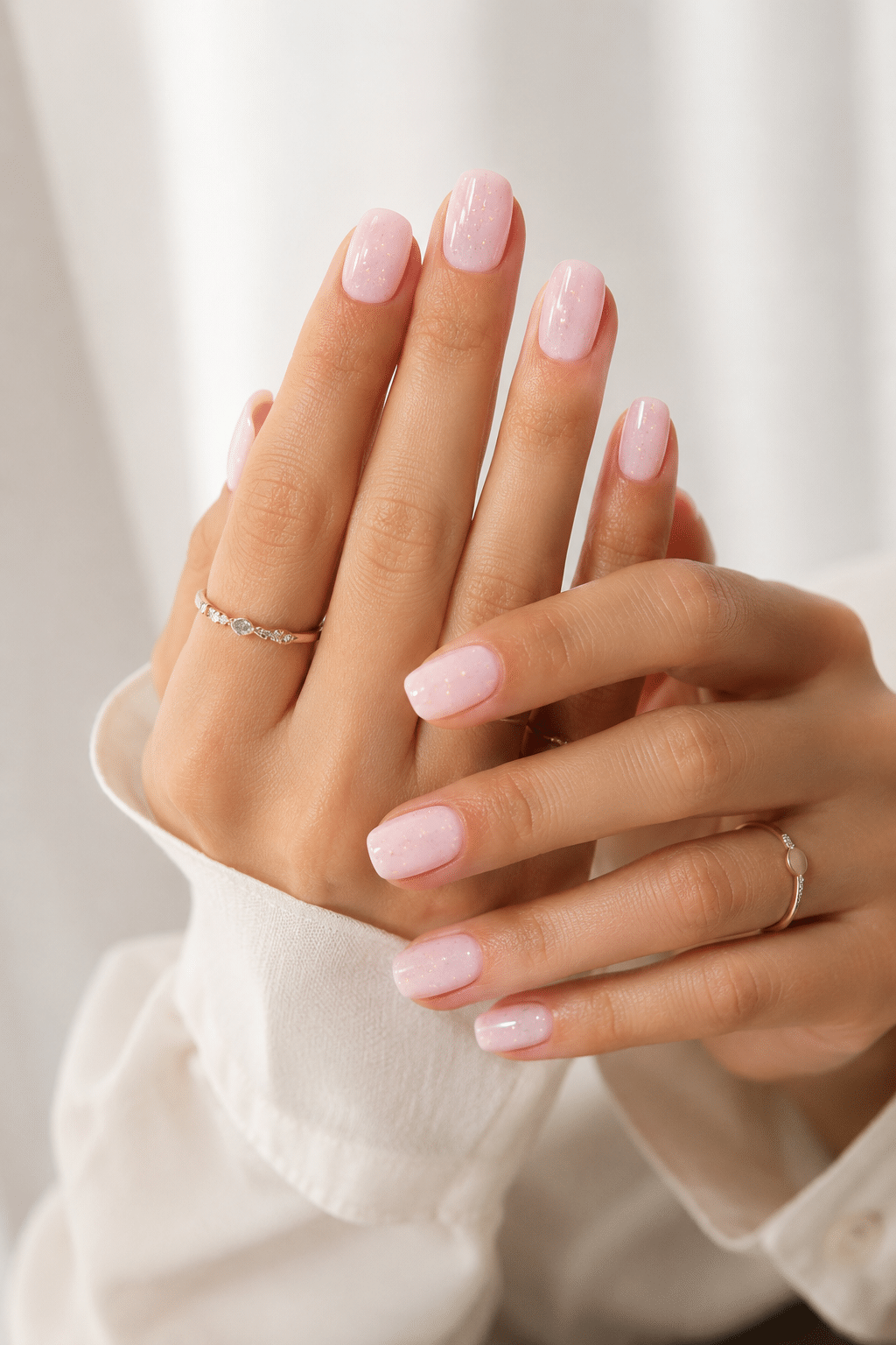 Classic milky pink nail polish with a glossy soft manicure finish