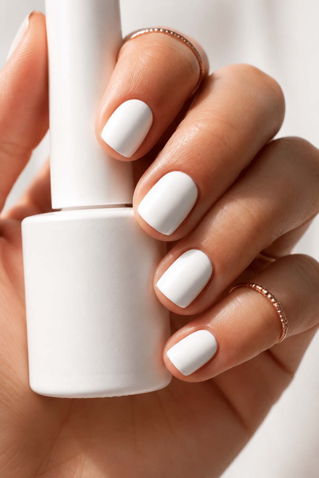 Classic white polish bottle manicure with glossy opaque white nails