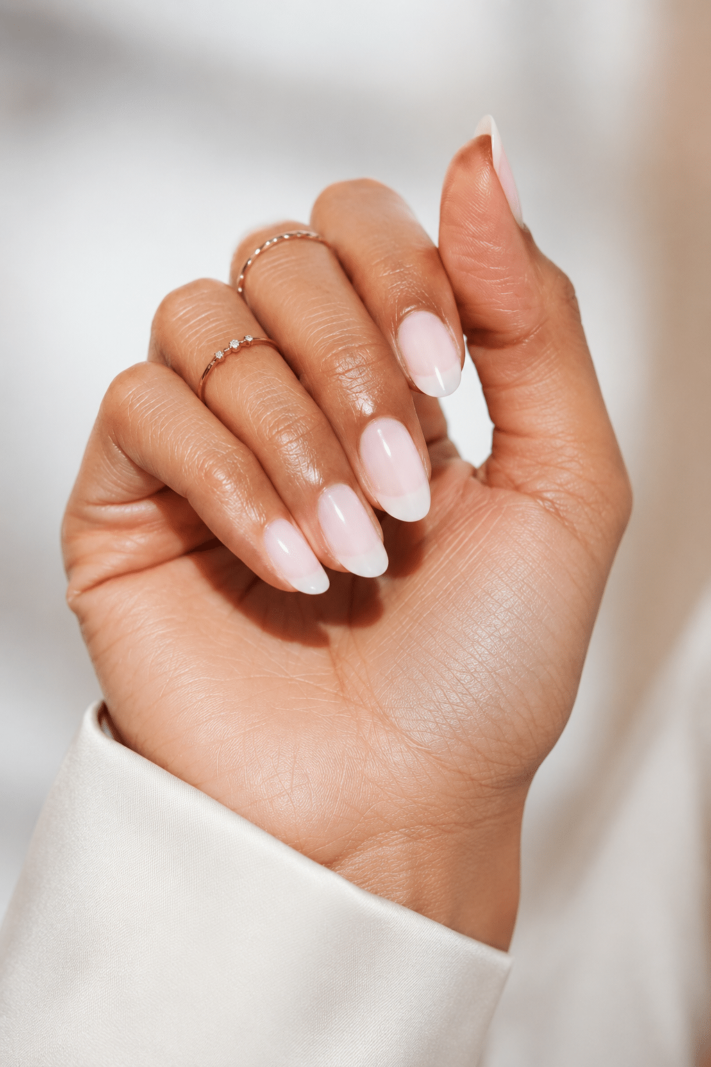 Clean milky pink short nails with a soft glossy manicure finish