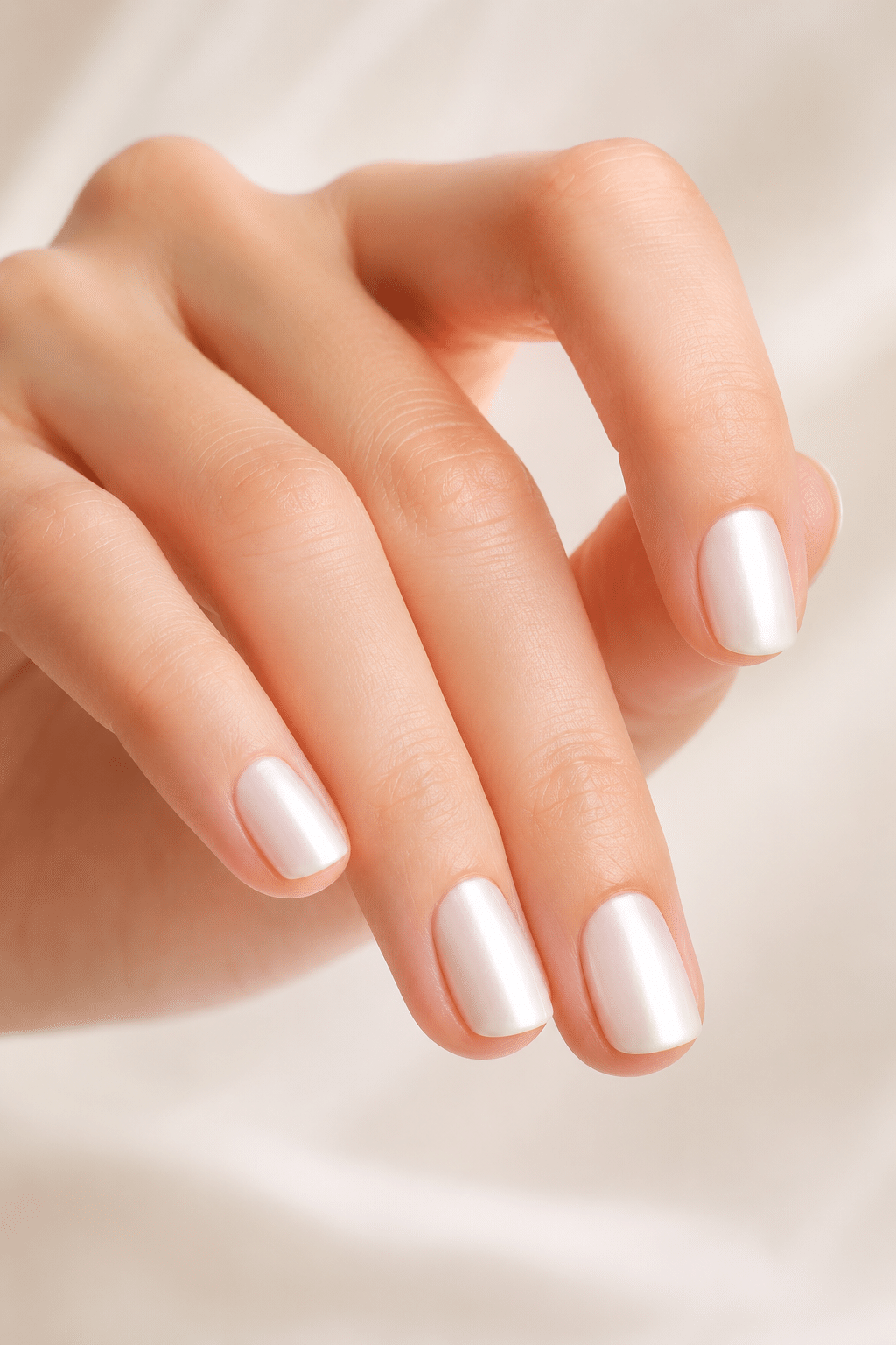 clean short pearl white nails with glossy bright finish