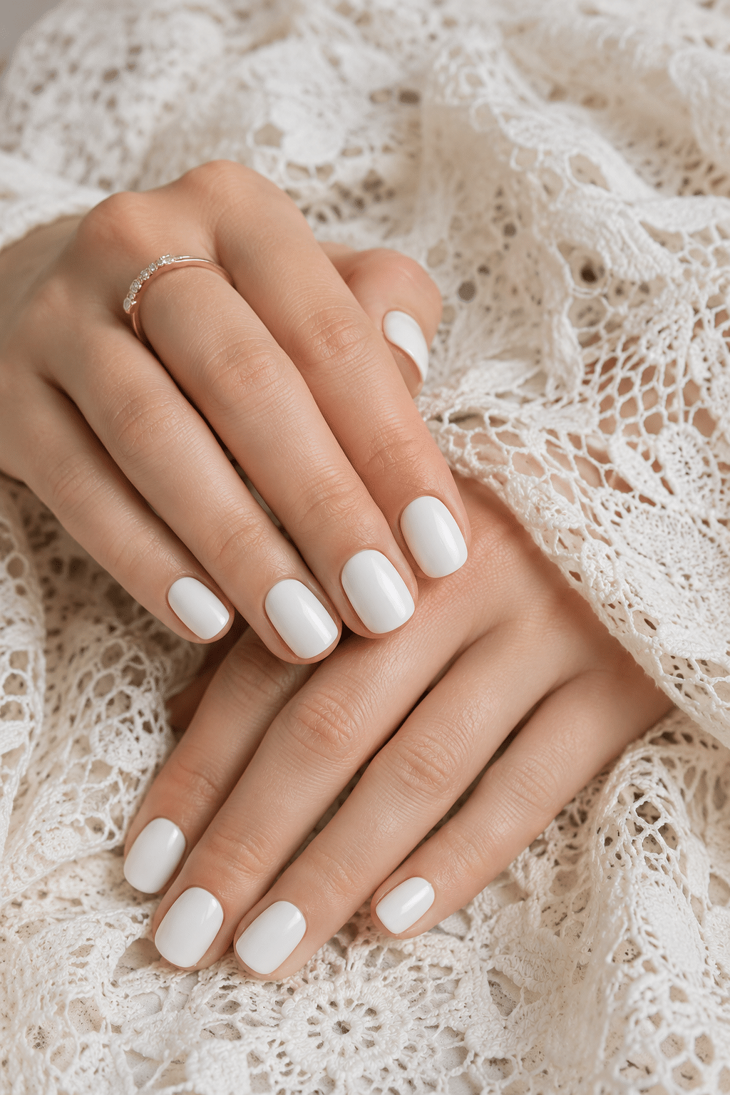 Clean short white nail polish with glossy natural manicure finish