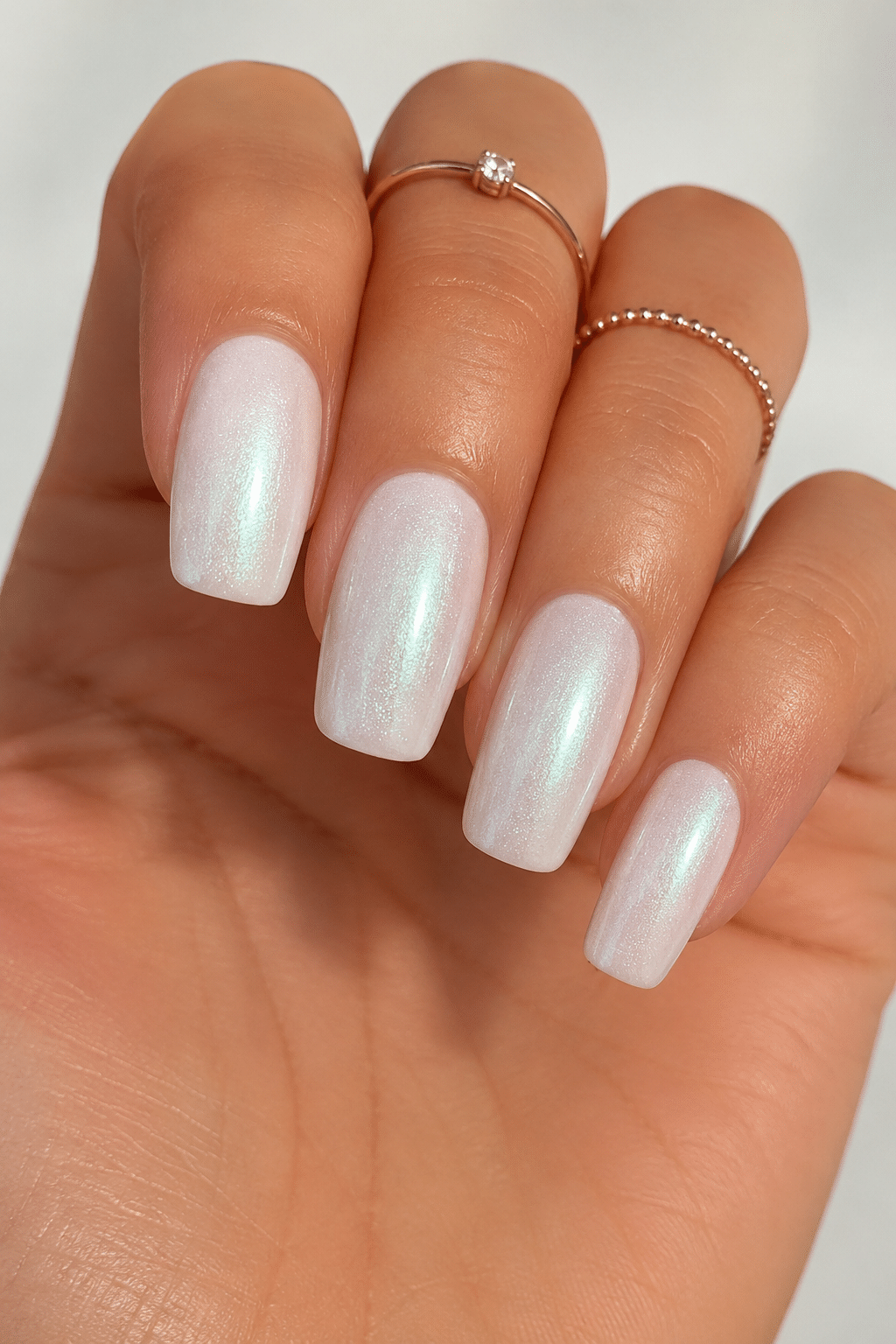 creamy pearl white square nail polish with glossy soft finish