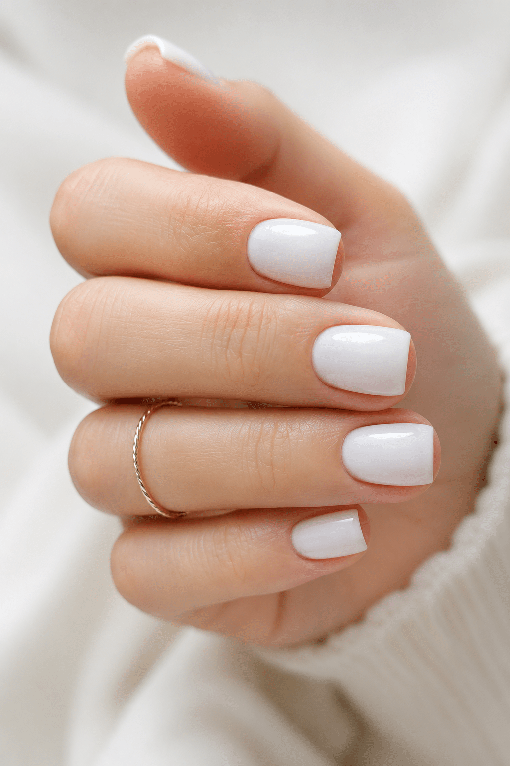 Crisp white square nail polish with glossy clean manicure finish