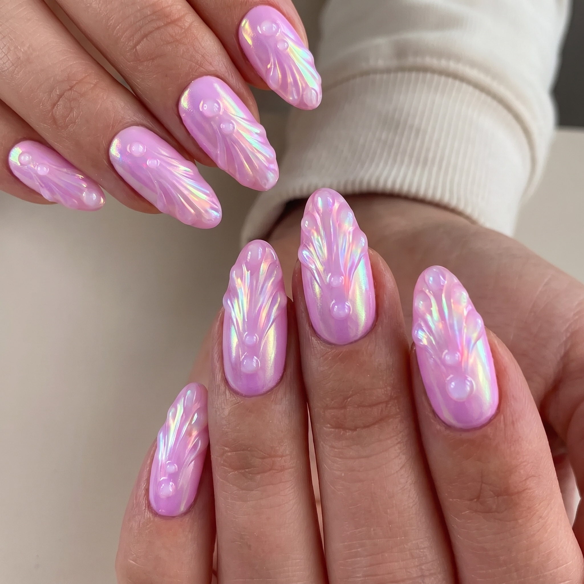 seashell nails with crystal clear tips and 3D pearl coastal accents