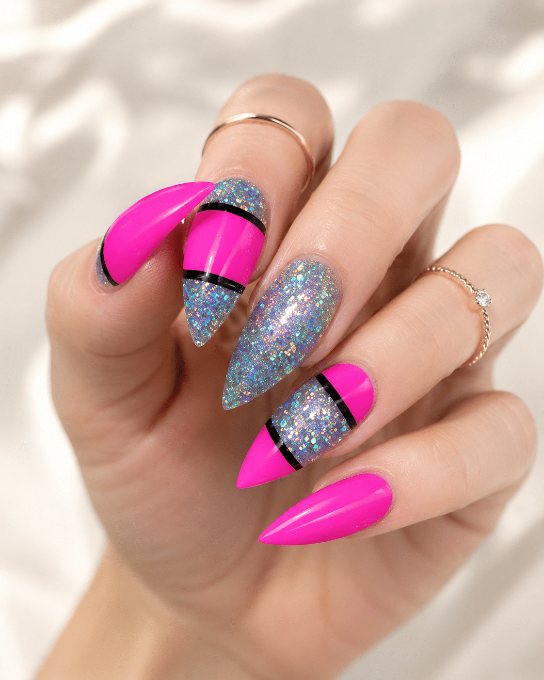 Cyber fairy pink holo nails with vivid holographic accents