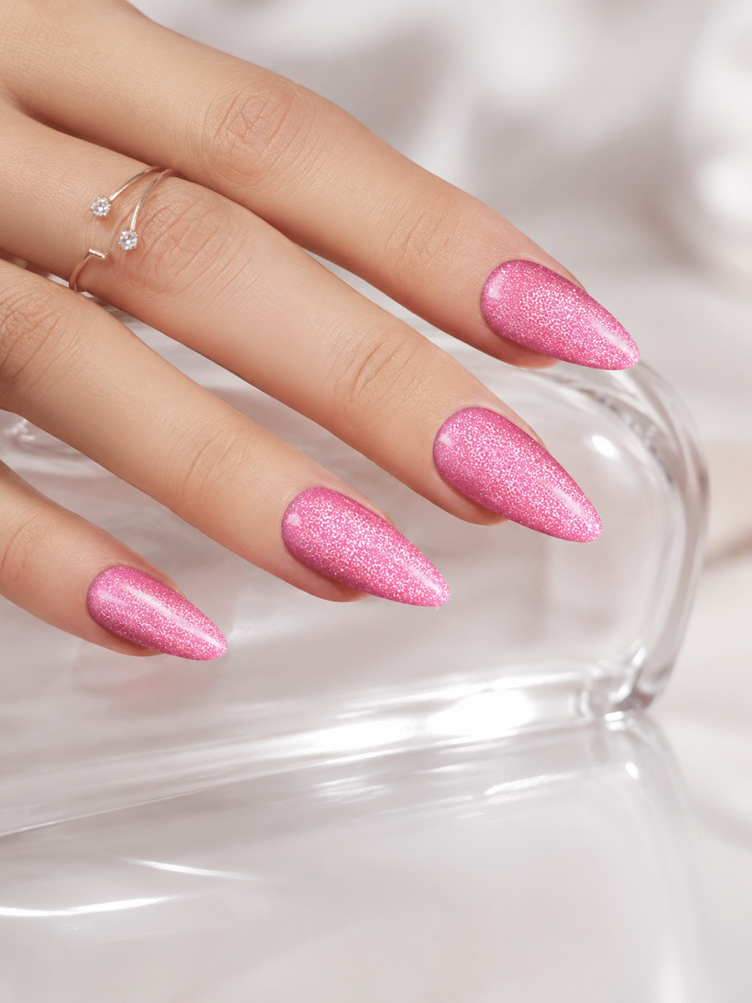 Fairy pink holo nails with a bright prismatic shimmer