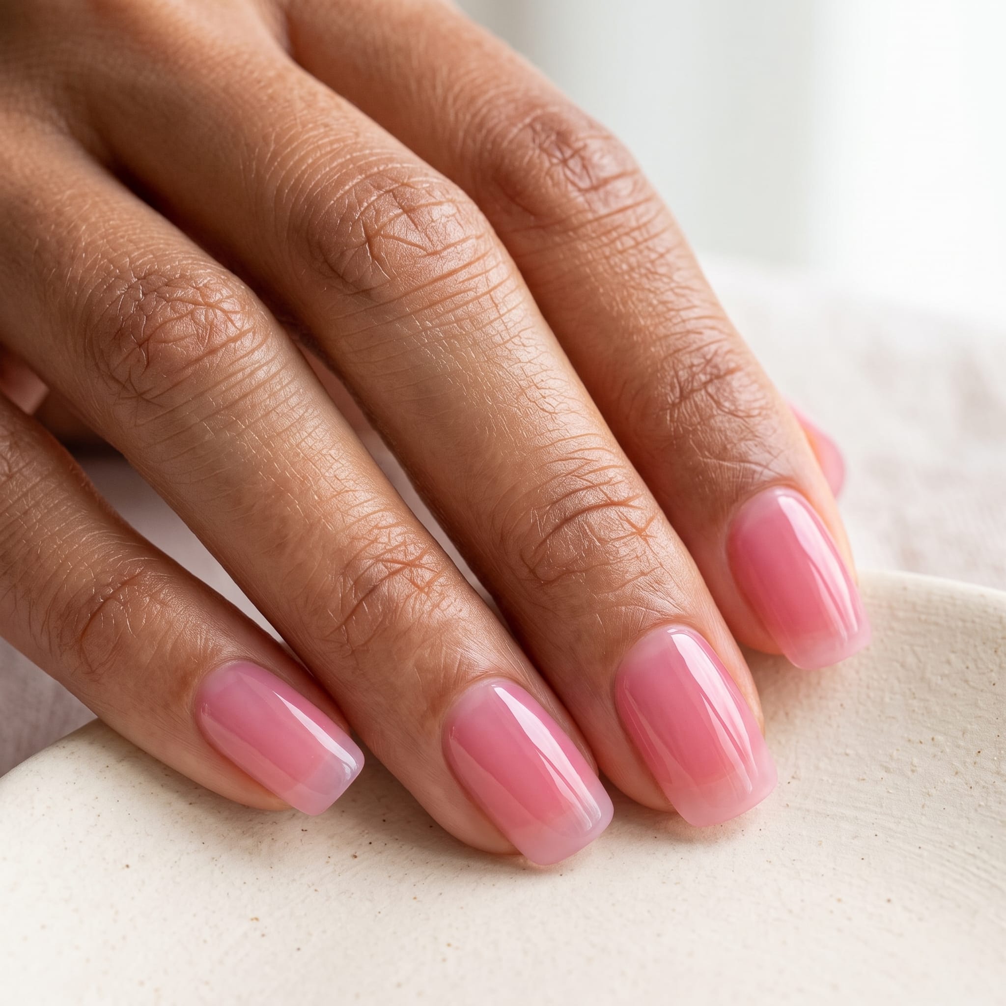 Sheer pink gel nails used as a clean French manicure base