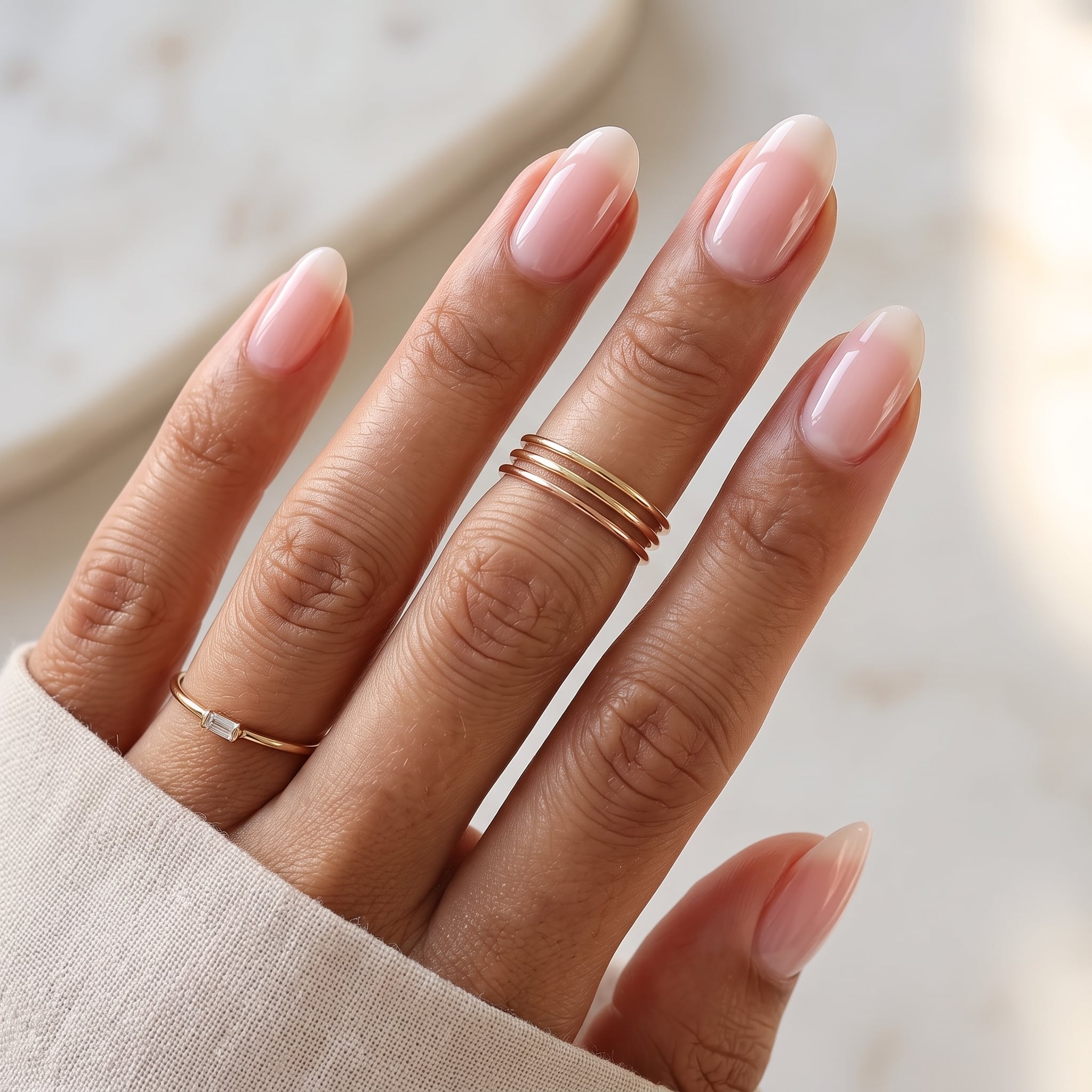 Glossy jelly pink gel nails with a translucent buildable finish