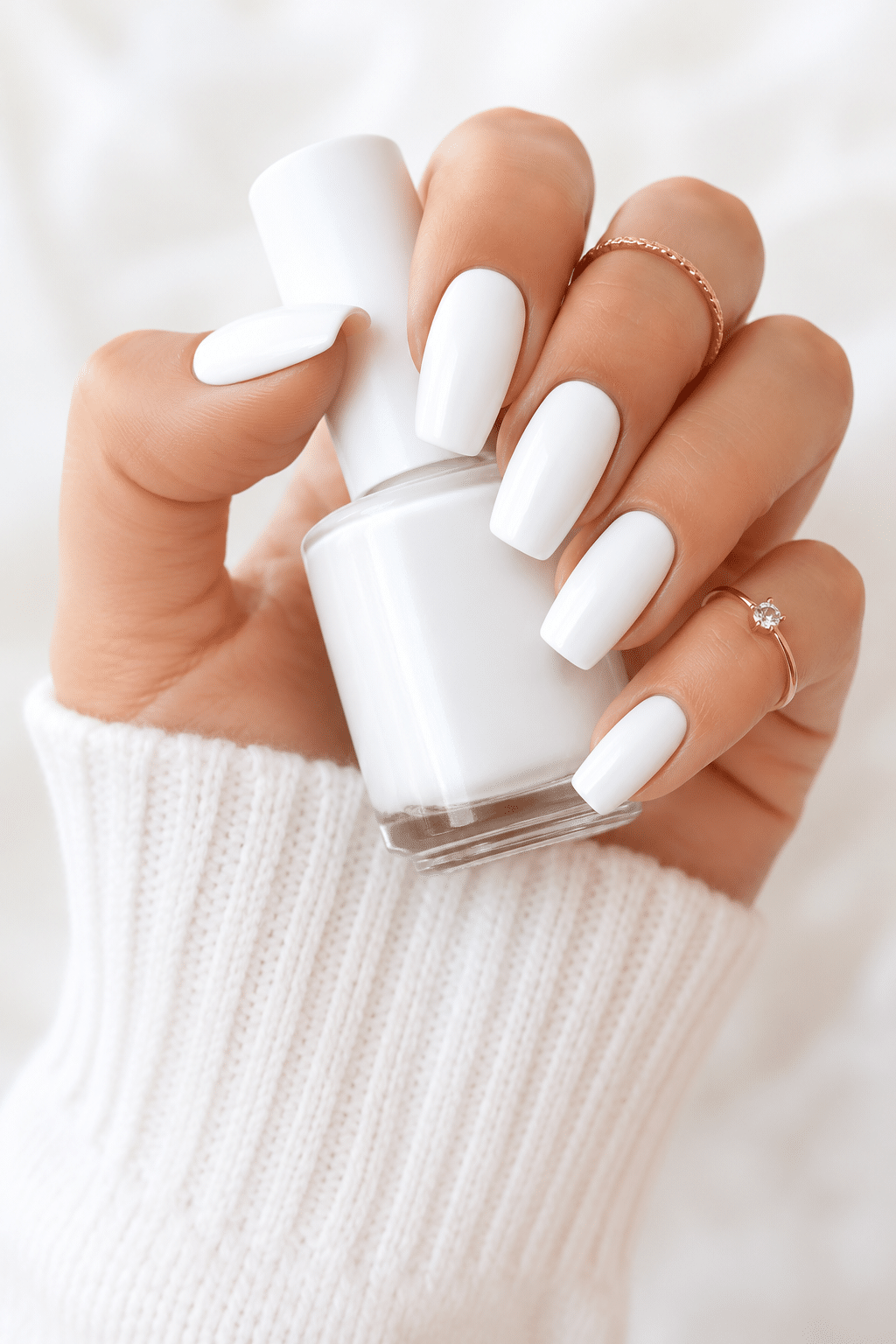 Glossy white nail polish bottle with clean white manicure inspiration
